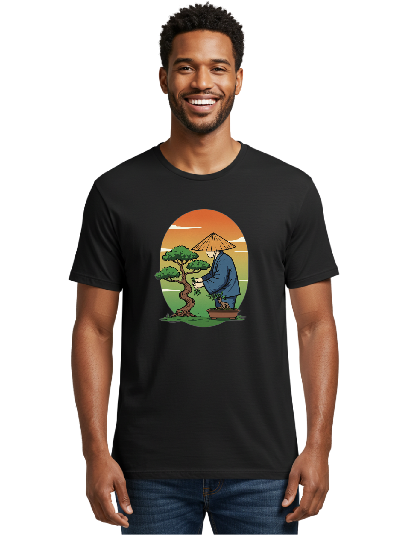 Bonsai-Gardener Men'S Graphic Tee, 100% Cotton, Comfortable Casual Summer Wear, Machine Washable, Bonsai Tree, Gardener, Serene Landscape, Tranquil Atmosphere, Traditional Asian Attire, Japanese Culture, Gardening, Calm Environment, Baa179