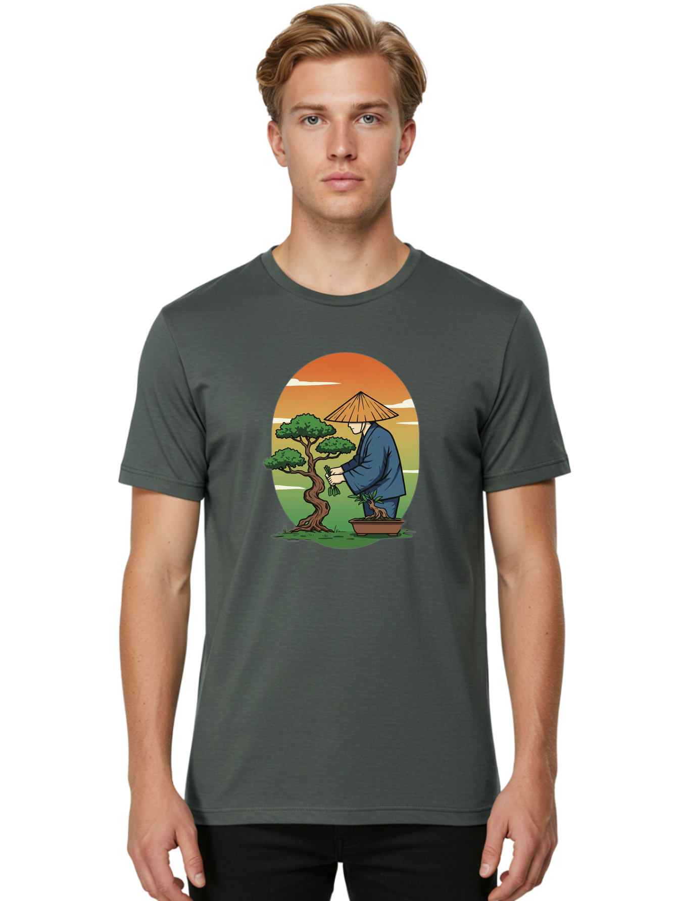 Bonsai-Gardener Men'S Graphic Tee, 100% Cotton, Comfortable Casual Summer Wear, Machine Washable, Bonsai Tree, Gardener, Serene Landscape, Tranquil Atmosphere, Traditional Asian Attire, Japanese Culture, Gardening, Calm Environment, Baa179