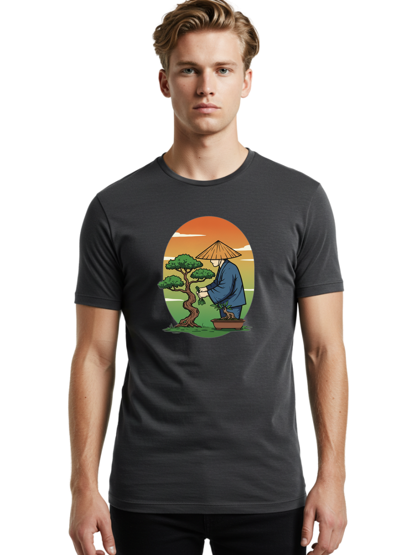 Bonsai-Gardener Men'S Graphic Tee, 100% Cotton, Comfortable Casual Summer Wear, Machine Washable, Bonsai Tree, Gardener, Serene Landscape, Tranquil Atmosphere, Traditional Asian Attire, Japanese Culture, Gardening, Calm Environment, Baa179
