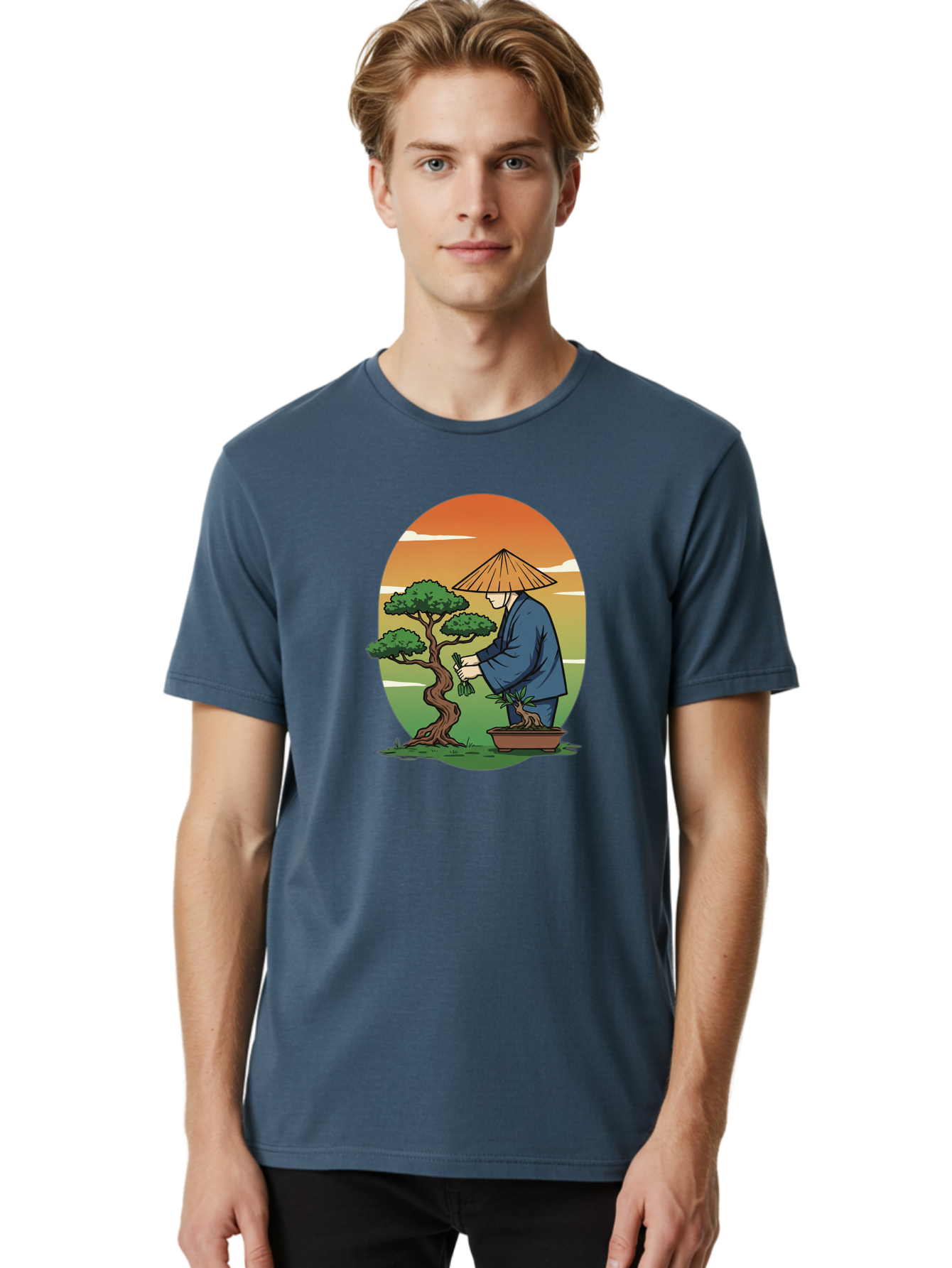 Bonsai-Gardener Men'S Graphic Tee, 100% Cotton, Comfortable Casual Summer Wear, Machine Washable, Bonsai Tree, Gardener, Serene Landscape, Tranquil Atmosphere, Traditional Asian Attire, Japanese Culture, Gardening, Calm Environment, Baa179