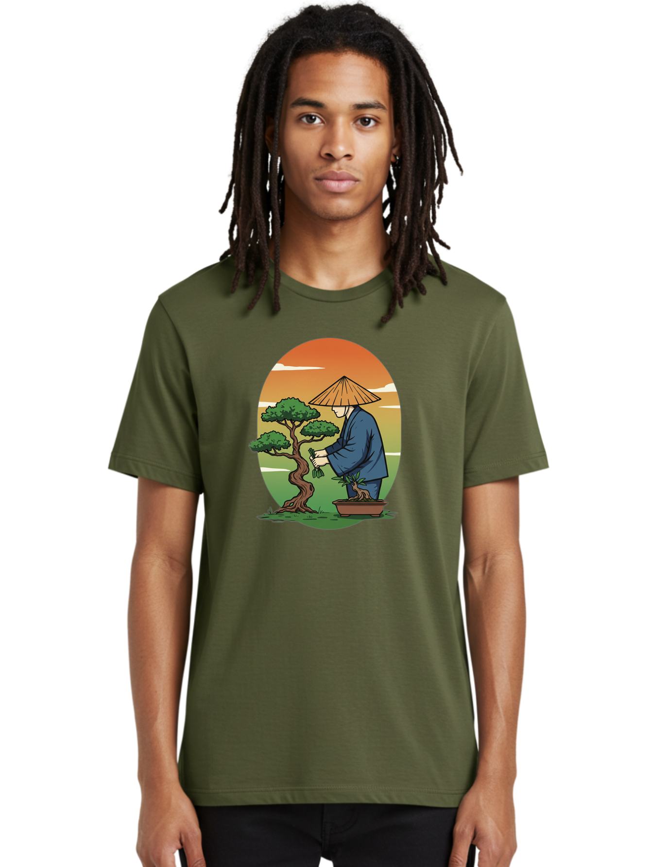 Bonsai-Gardener Men'S Graphic Tee, 100% Cotton, Comfortable Casual Summer Wear, Machine Washable, Bonsai Tree, Gardener, Serene Landscape, Tranquil Atmosphere, Traditional Asian Attire, Japanese Culture, Gardening, Calm Environment, Baa179