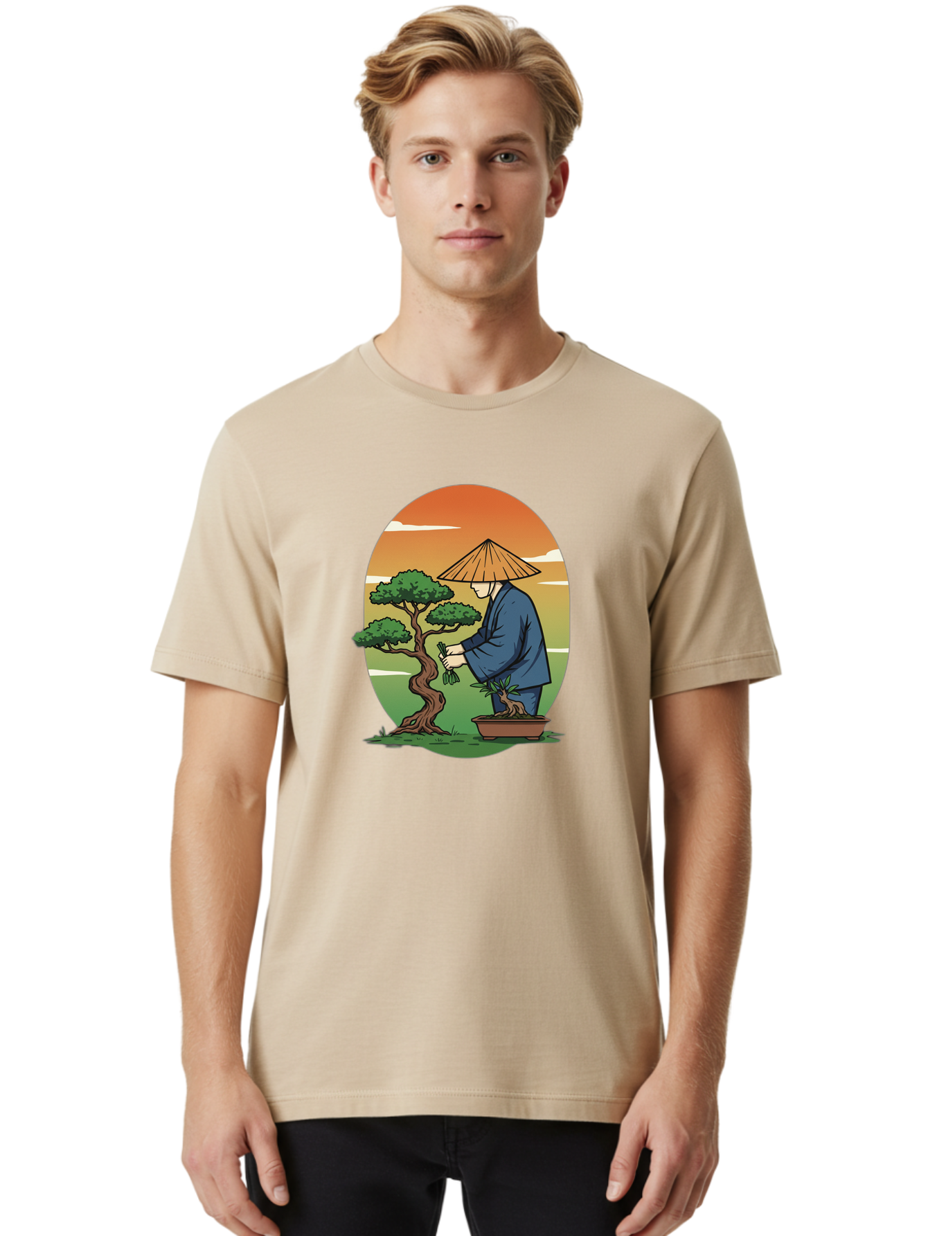 Bonsai-Gardener Men'S Graphic Tee, 100% Cotton, Comfortable Casual Summer Wear, Machine Washable, Bonsai Tree, Gardener, Serene Landscape, Tranquil Atmosphere, Traditional Asian Attire, Japanese Culture, Gardening, Calm Environment, Baa179