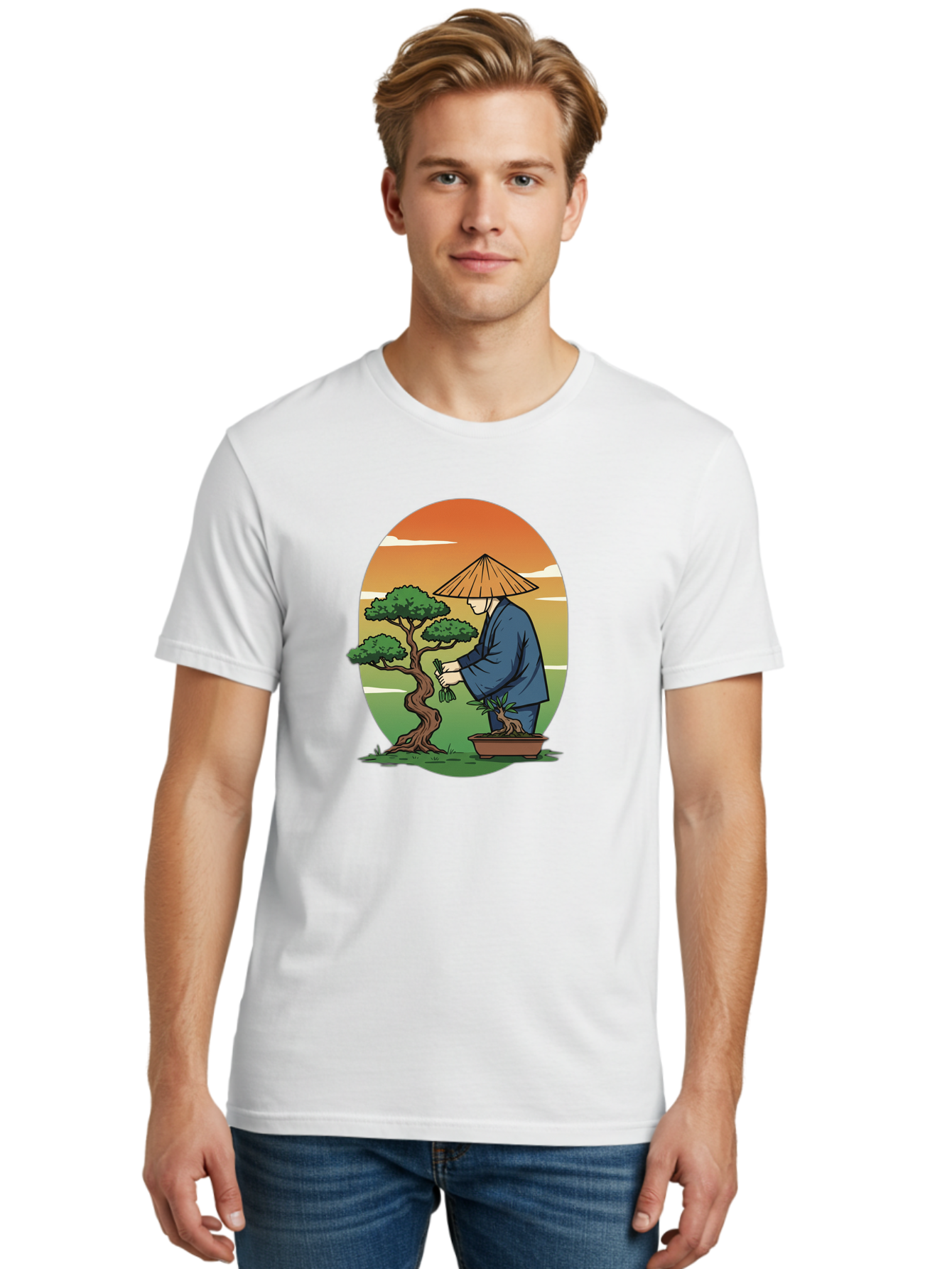 Bonsai-Gardener Men'S Graphic Tee, 100% Cotton, Comfortable Casual Summer Wear, Machine Washable, Bonsai Tree, Gardener, Serene Landscape, Tranquil Atmosphere, Traditional Asian Attire, Japanese Culture, Gardening, Calm Environment, Baa179