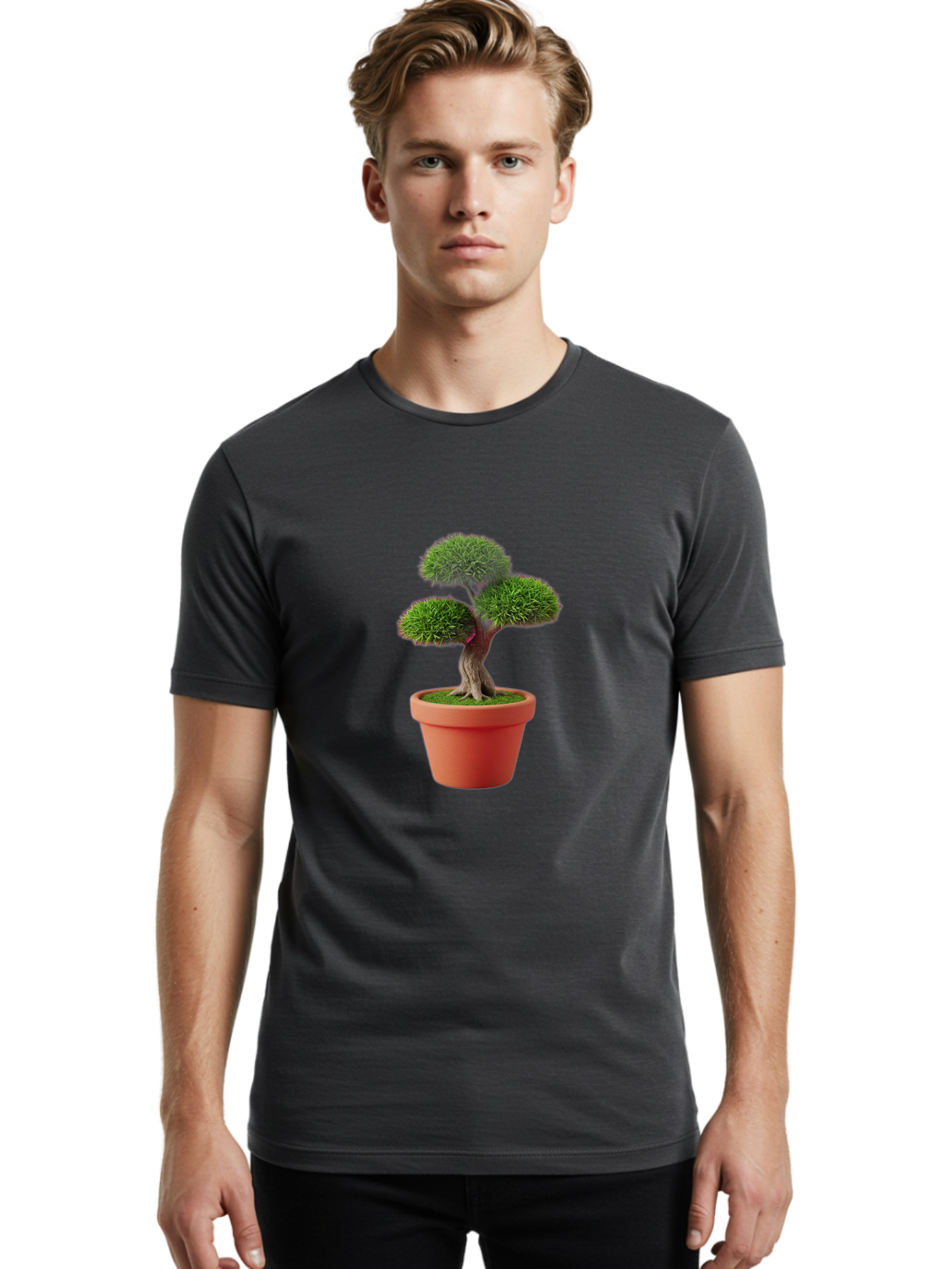 Bonsai-Tree Men'S Graphic Tee, 100% Cotton, Comfortable Casual Summer Wear, Machine Washable, Bonsai Tree, Potted Plant, Small Tree, Terracotta Pot, Twisted Trunk, Lush Foliage, Greenery, Decorative Plant, Indoor Gardening, Zen Garden, Baa180