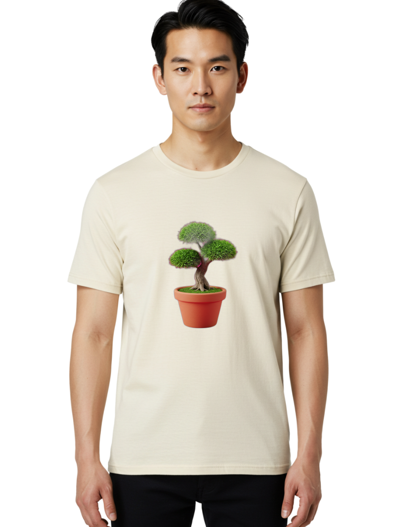 Bonsai-Tree Men'S Graphic Tee, 100% Cotton, Comfortable Casual Summer Wear, Machine Washable, Bonsai Tree, Potted Plant, Small Tree, Terracotta Pot, Twisted Trunk, Lush Foliage, Greenery, Decorative Plant, Indoor Gardening, Zen Garden, Baa180