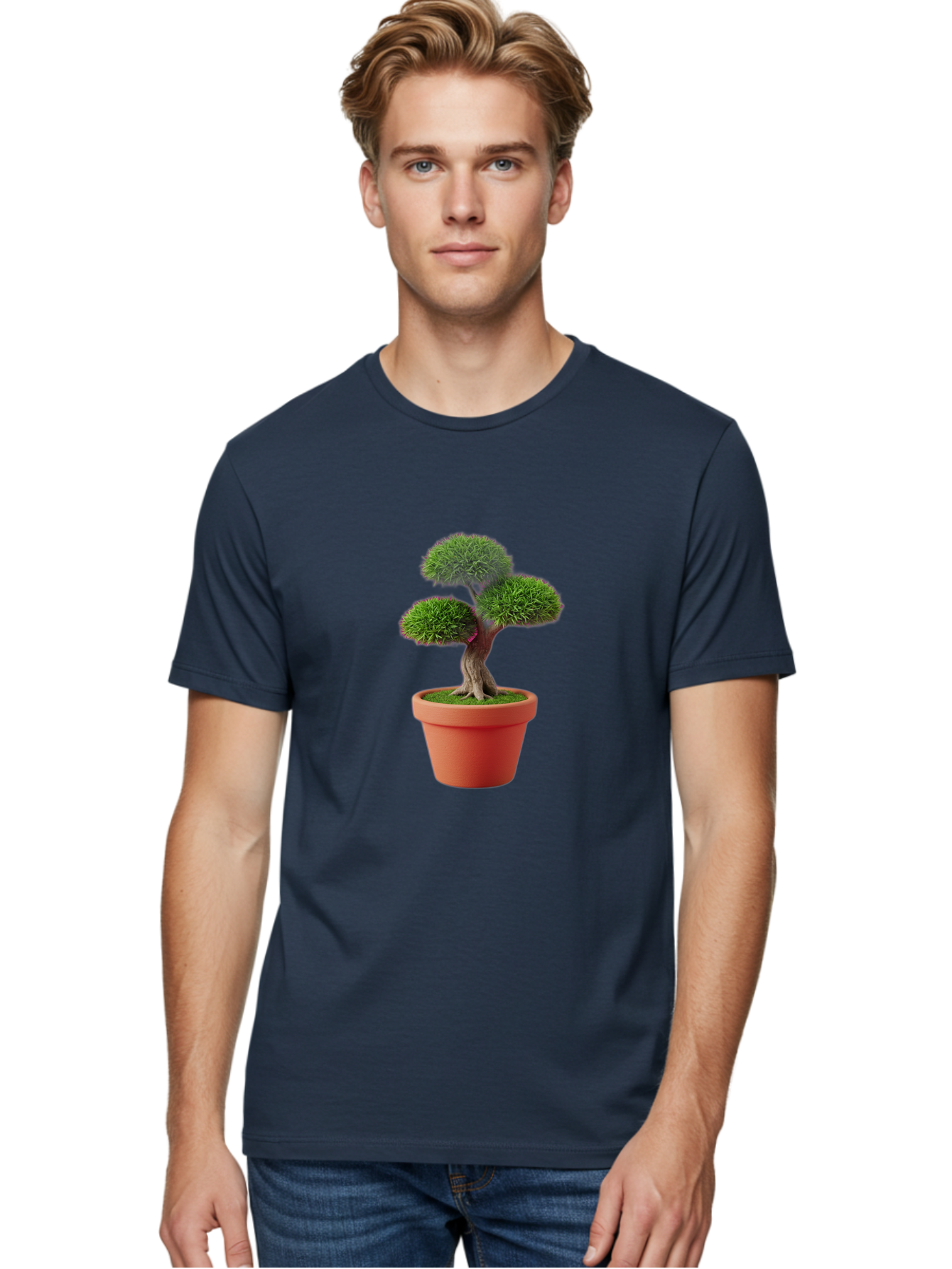Bonsai-Tree Men'S Graphic Tee, 100% Cotton, Comfortable Casual Summer Wear, Machine Washable, Bonsai Tree, Potted Plant, Small Tree, Terracotta Pot, Twisted Trunk, Lush Foliage, Greenery, Decorative Plant, Indoor Gardening, Zen Garden, Baa180