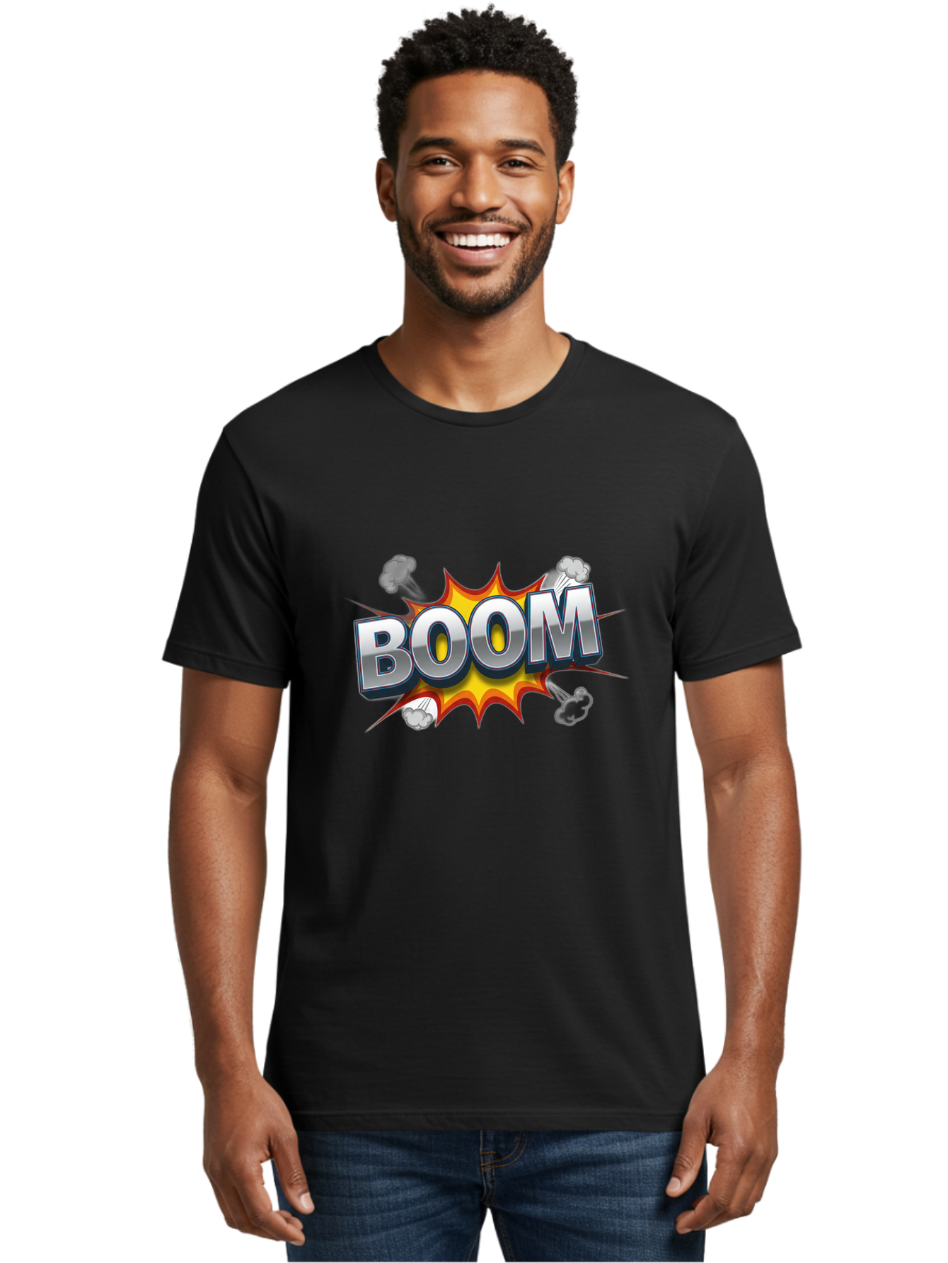 Boom-Comic-Explosion Men'S Graphic Tee, 100% Cotton, Comfortable Casual Summer Wear, Machine Washable, Comic Book Explosion, Boom Text, Cartoon Effect, Explosive Energy, Dynamic Action, Vibrant Colors, Energetic Impact, Comic Style, Baa181