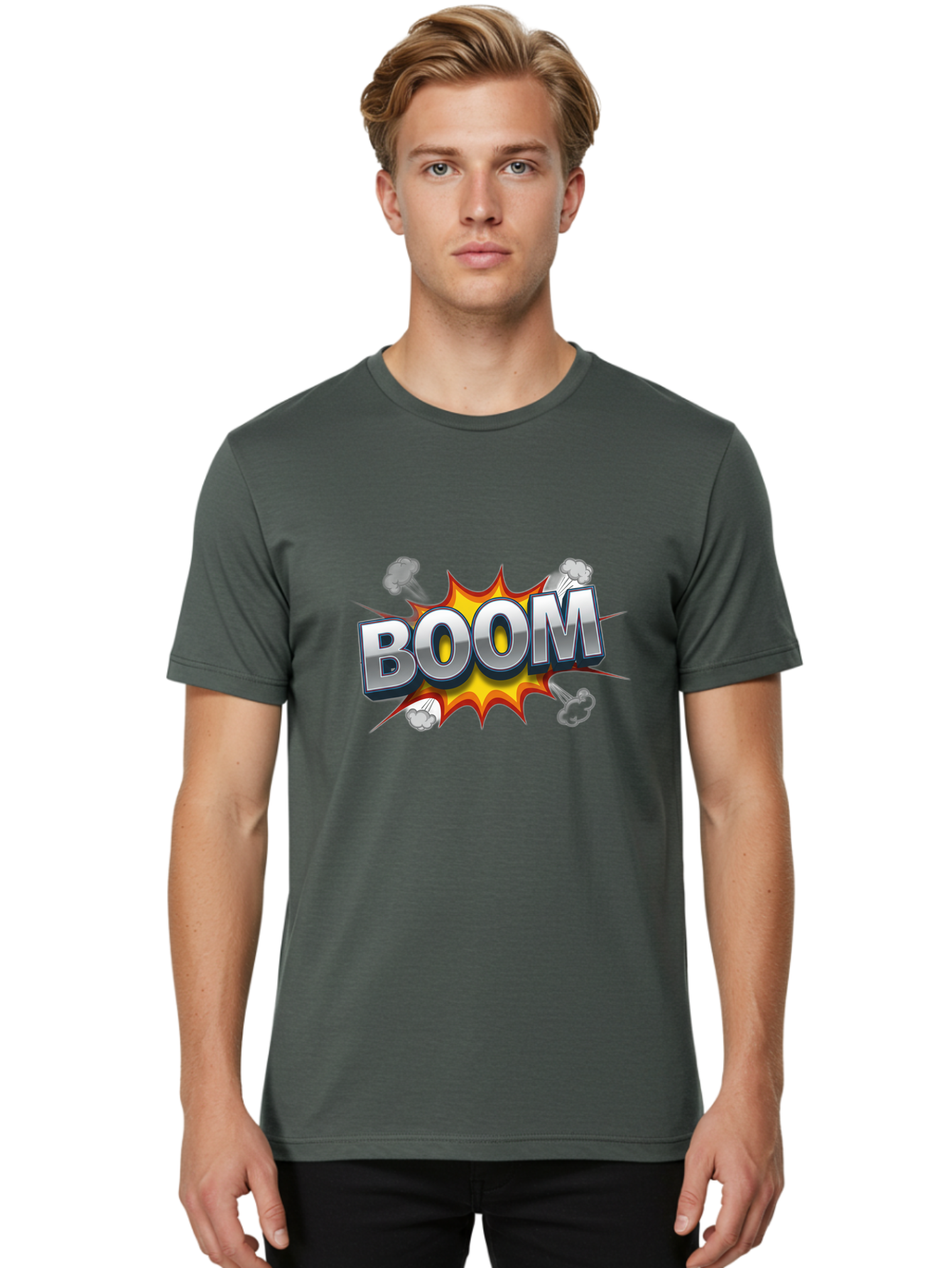 Boom-Comic-Explosion Men'S Graphic Tee, 100% Cotton, Comfortable Casual Summer Wear, Machine Washable, Comic Book Explosion, Boom Text, Cartoon Effect, Explosive Energy, Dynamic Action, Vibrant Colors, Energetic Impact, Comic Style, Baa181