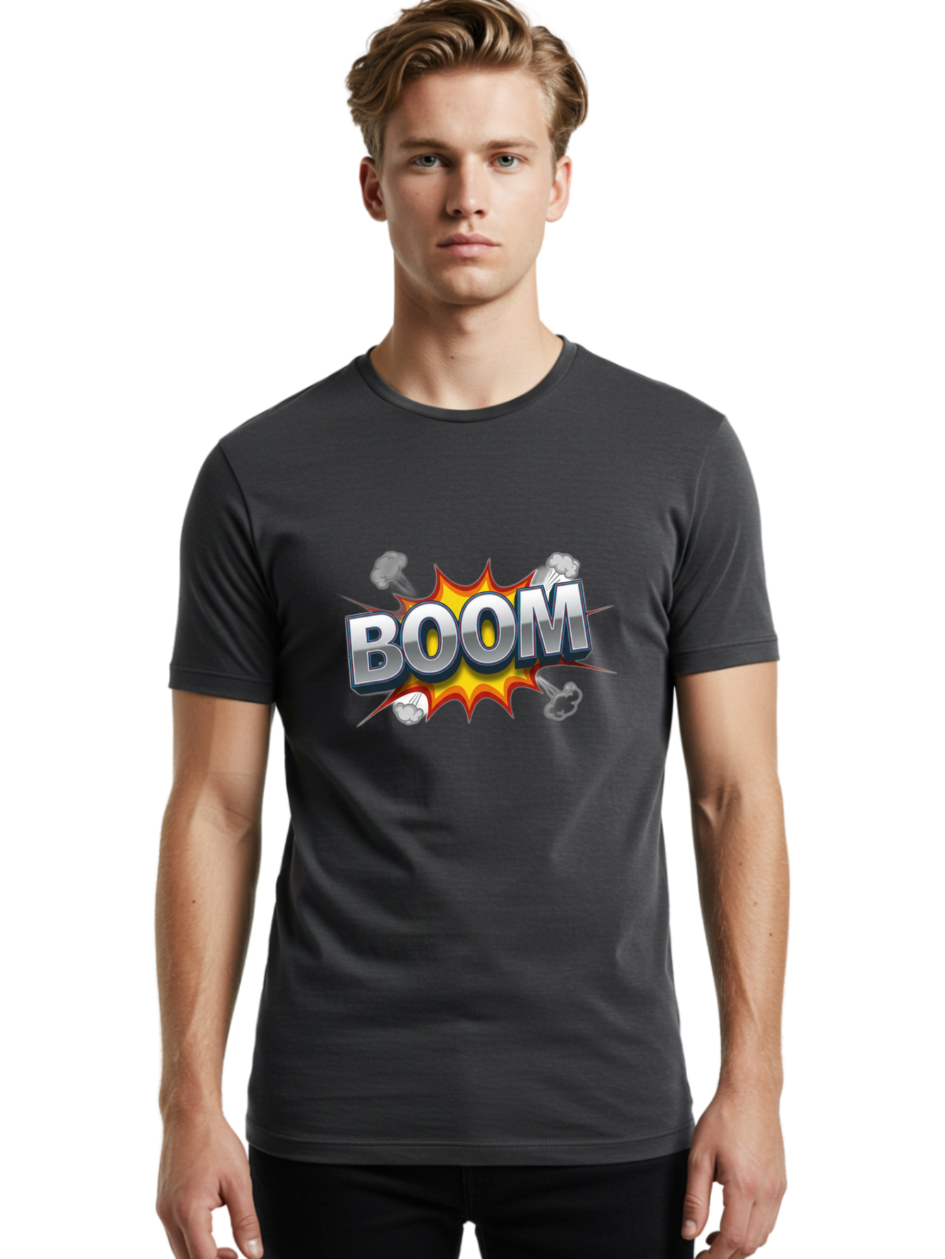 Boom-Comic-Explosion Men'S Graphic Tee, 100% Cotton, Comfortable Casual Summer Wear, Machine Washable, Comic Book Explosion, Boom Text, Cartoon Effect, Explosive Energy, Dynamic Action, Vibrant Colors, Energetic Impact, Comic Style, Baa181