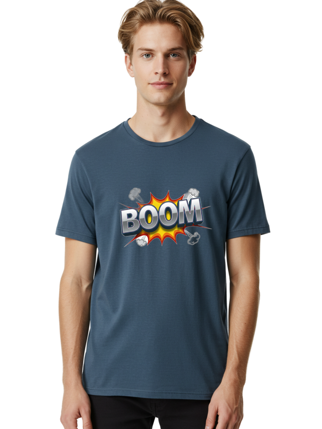 Boom-Comic-Explosion Men'S Graphic Tee, 100% Cotton, Comfortable Casual Summer Wear, Machine Washable, Comic Book Explosion, Boom Text, Cartoon Effect, Explosive Energy, Dynamic Action, Vibrant Colors, Energetic Impact, Comic Style, Baa181