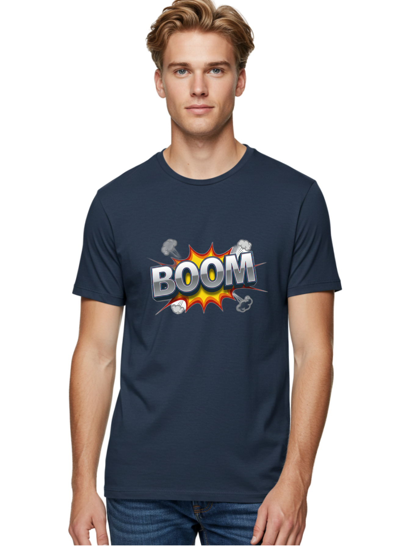 Boom-Comic-Explosion Men'S Graphic Tee, 100% Cotton, Comfortable Casual Summer Wear, Machine Washable, Comic Book Explosion, Boom Text, Cartoon Effect, Explosive Energy, Dynamic Action, Vibrant Colors, Energetic Impact, Comic Style, Baa181