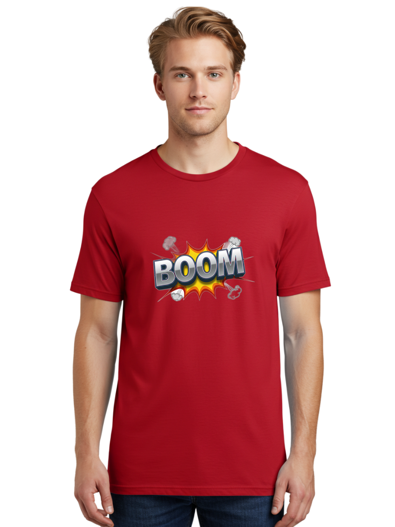 Boom-Comic-Explosion Men'S Graphic Tee, 100% Cotton, Comfortable Casual Summer Wear, Machine Washable, Comic Book Explosion, Boom Text, Cartoon Effect, Explosive Energy, Dynamic Action, Vibrant Colors, Energetic Impact, Comic Style, Baa181