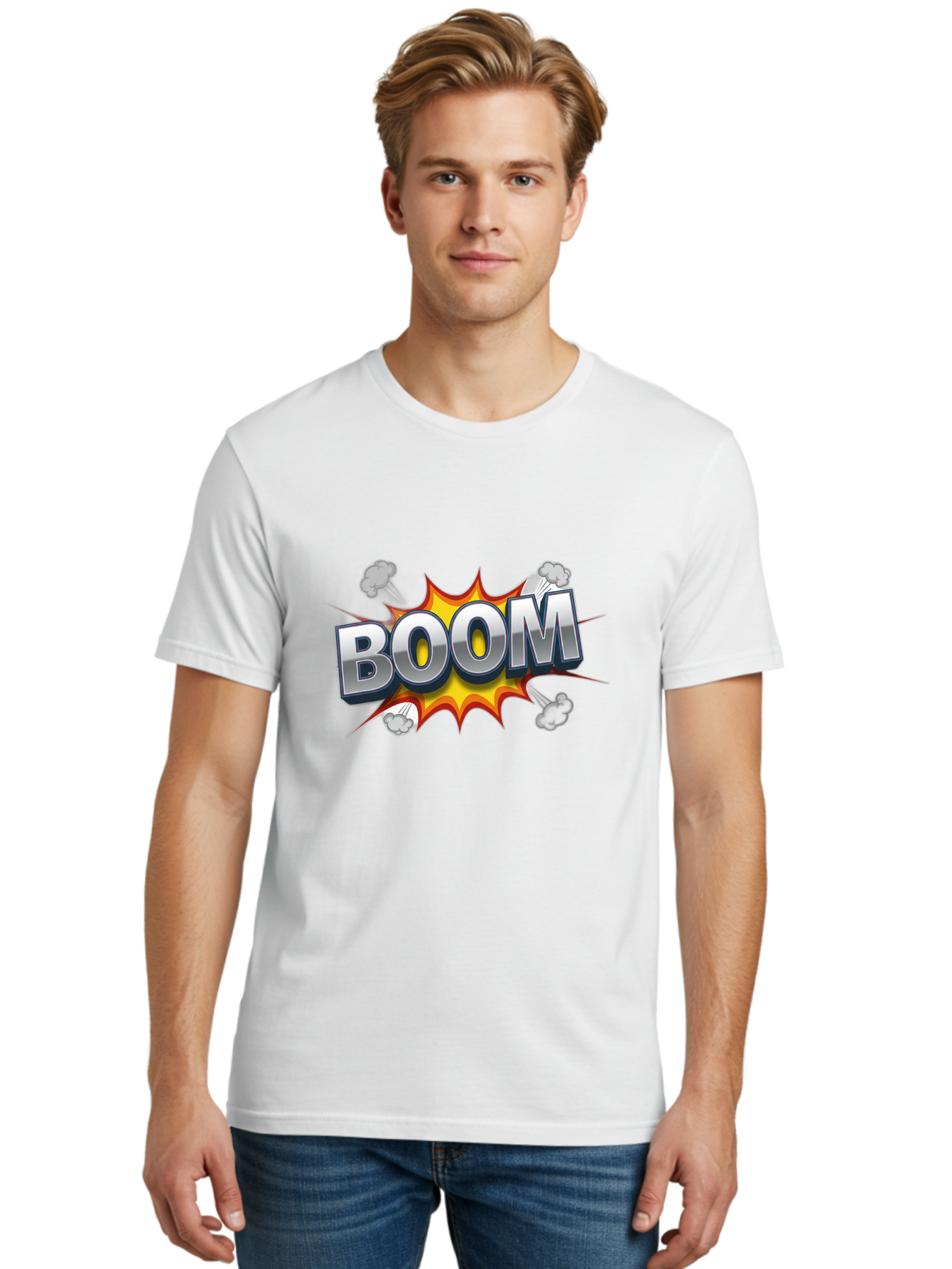 Boom-Comic-Explosion Men'S Graphic Tee, 100% Cotton, Comfortable Casual Summer Wear, Machine Washable, Comic Book Explosion, Boom Text, Cartoon Effect, Explosive Energy, Dynamic Action, Vibrant Colors, Energetic Impact, Comic Style, Baa181