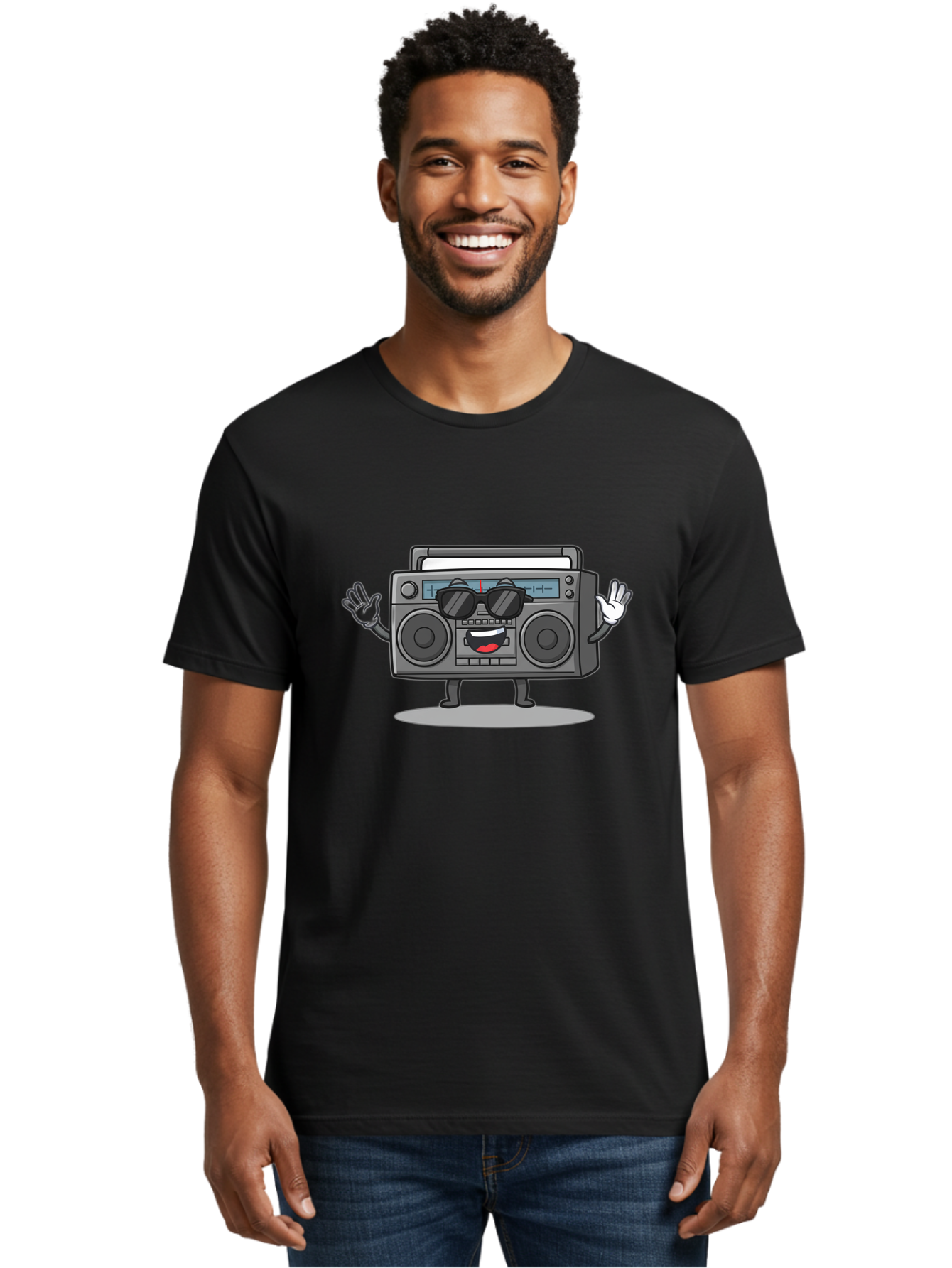Boombox-1 Men'S Graphic Tee, 100% Cotton, Comfortable Casual Summer Wear, Machine Washable, Cartoon Boombox, Retro Boombox, Cool Boombox, Sunglasses, Friendly Character, Playful Vibe, Music Lover, Fun Character, Vintage Boombox, Baa182