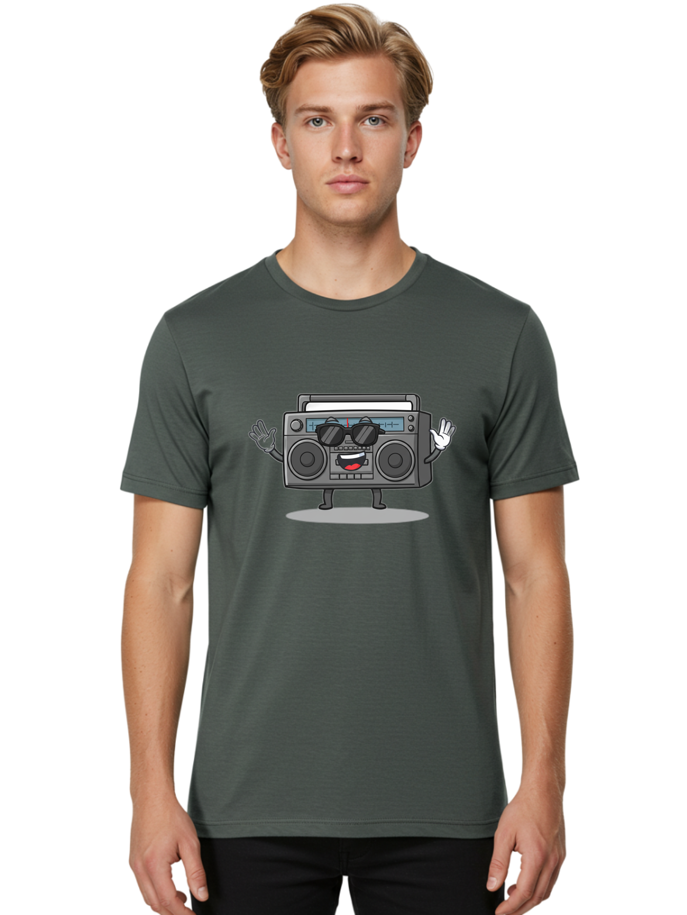 Boombox-1 Men'S Graphic Tee, 100% Cotton, Comfortable Casual Summer Wear, Machine Washable, Cartoon Boombox, Retro Boombox, Cool Boombox, Sunglasses, Friendly Character, Playful Vibe, Music Lover, Fun Character, Vintage Boombox, Baa182