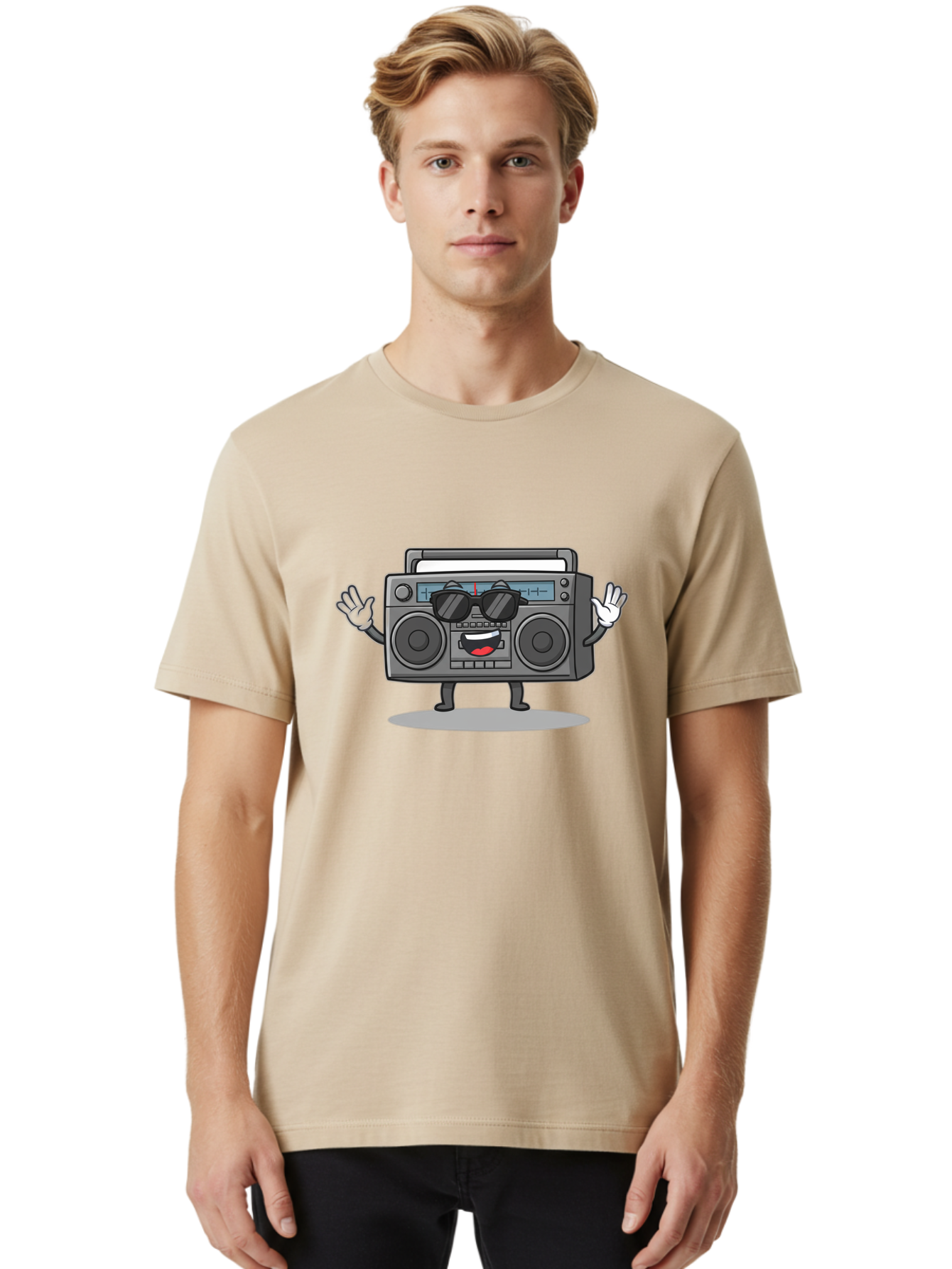 Boombox-1 Men'S Graphic Tee, 100% Cotton, Comfortable Casual Summer Wear, Machine Washable, Cartoon Boombox, Retro Boombox, Cool Boombox, Sunglasses, Friendly Character, Playful Vibe, Music Lover, Fun Character, Vintage Boombox, Baa182