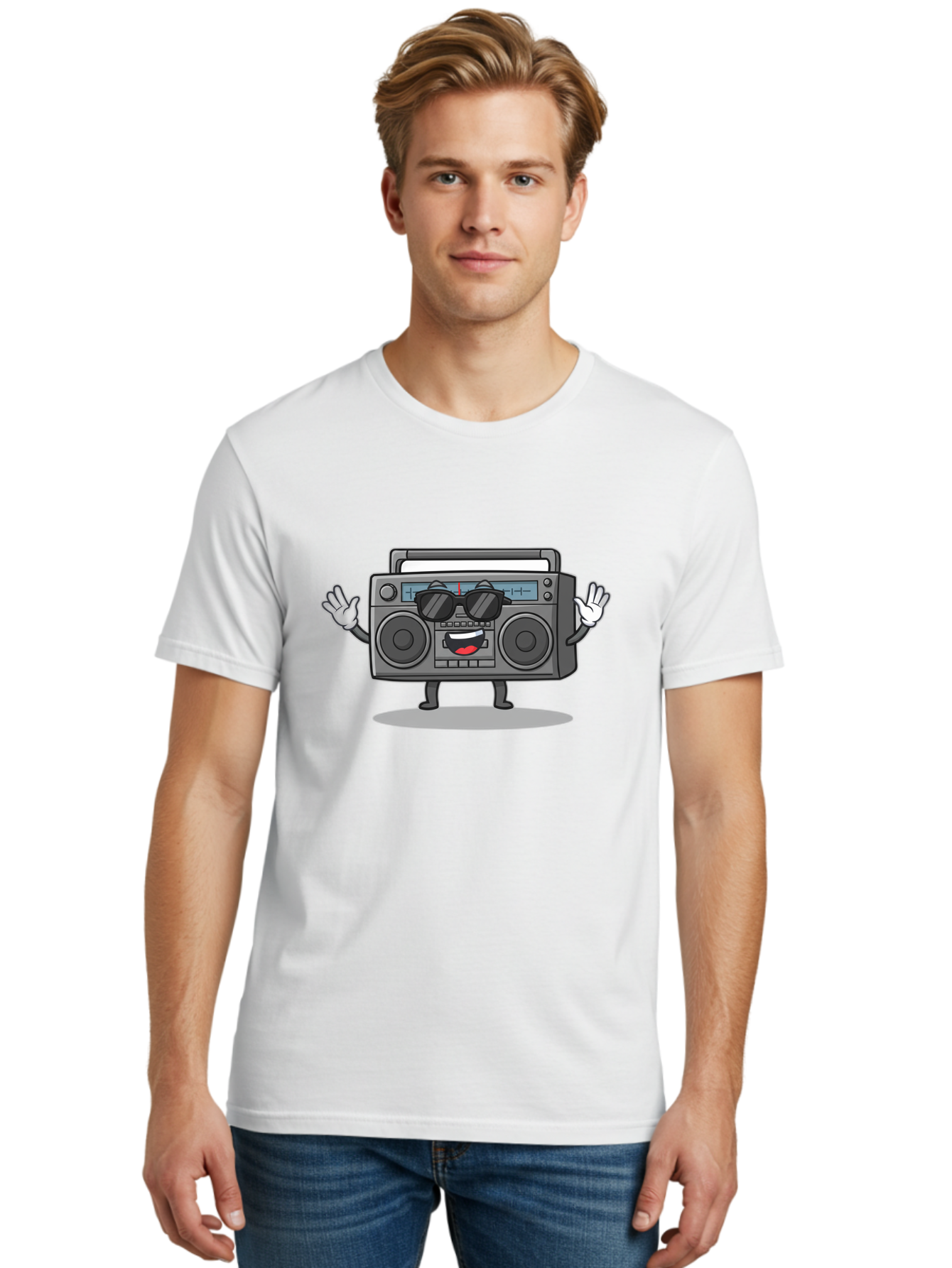 Boombox-1 Men'S Graphic Tee, 100% Cotton, Comfortable Casual Summer Wear, Machine Washable, Cartoon Boombox, Retro Boombox, Cool Boombox, Sunglasses, Friendly Character, Playful Vibe, Music Lover, Fun Character, Vintage Boombox, Baa182