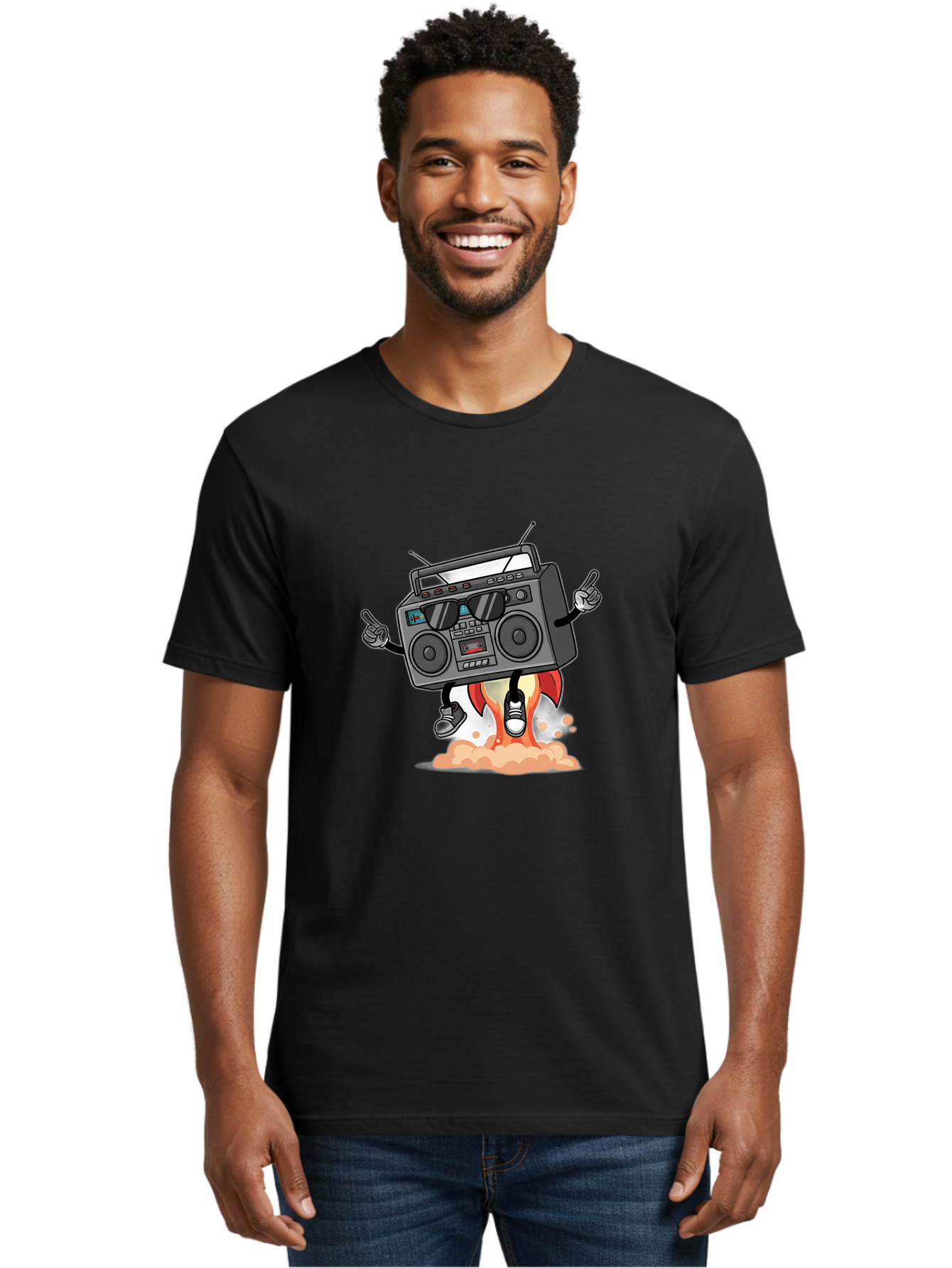 Boombox-4 Men'S Graphic Tee, 100% Cotton, Comfortable Casual Summer Wear, Machine Washable, Retro Boombox, Cartoon Character, Dj Stereo, Funky Music, Dancing Boombox, Rock On Gesture, Retro Technology, Cassette Tape, Loud Music, Fun Graphics, Baa185