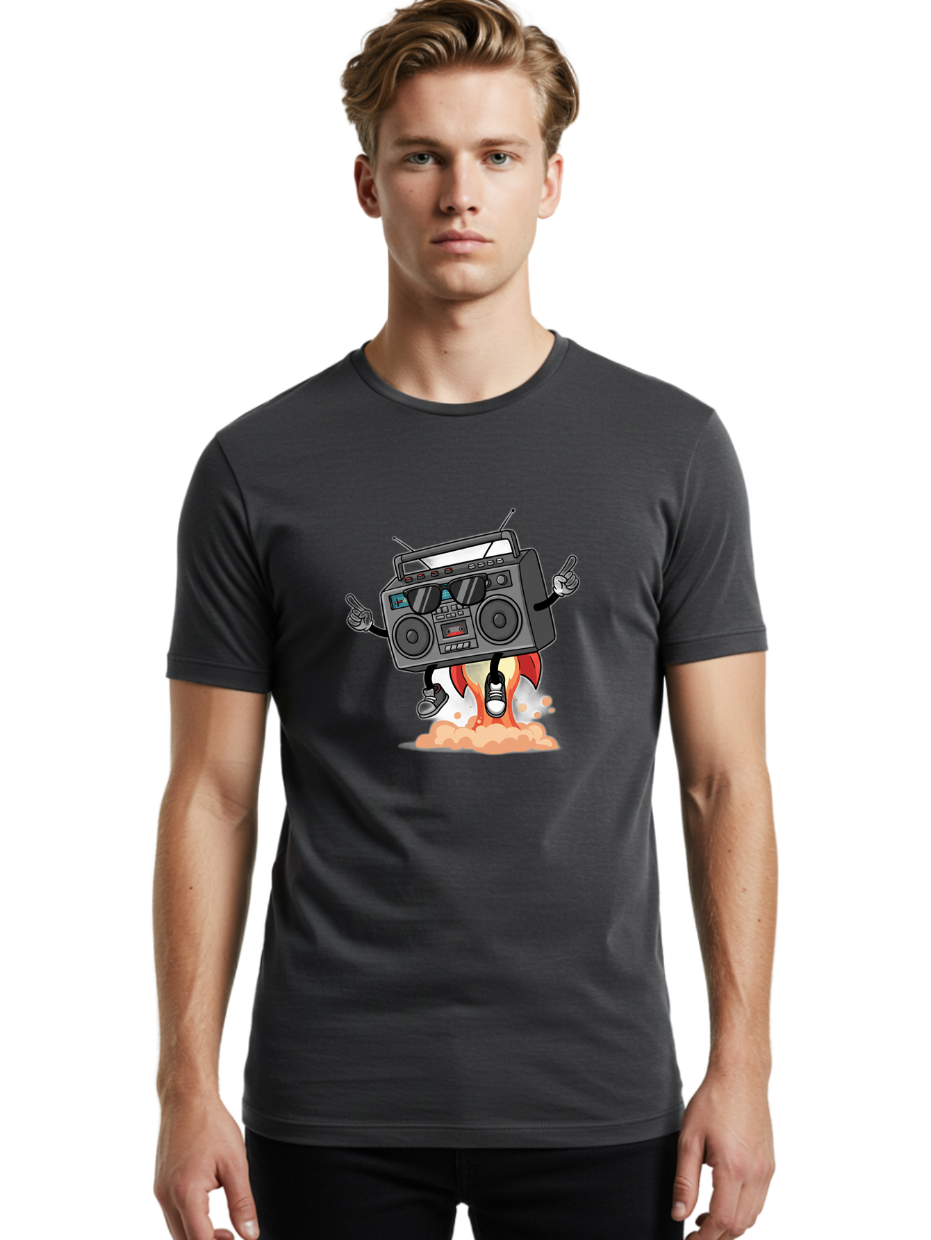 Boombox-4 Men'S Graphic Tee, 100% Cotton, Comfortable Casual Summer Wear, Machine Washable, Retro Boombox, Cartoon Character, Dj Stereo, Funky Music, Dancing Boombox, Rock On Gesture, Retro Technology, Cassette Tape, Loud Music, Fun Graphics, Baa185