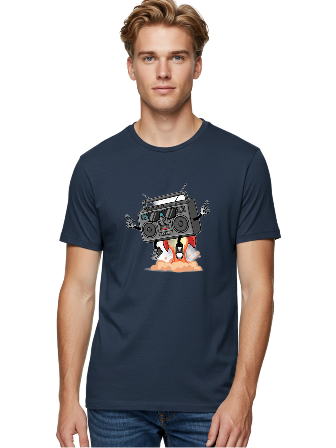 Boombox-4 Men'S Graphic Tee, 100% Cotton, Comfortable Casual Summer Wear, Machine Washable, Retro Boombox, Cartoon Character, Dj Stereo, Funky Music, Dancing Boombox, Rock On Gesture, Retro Technology, Cassette Tape, Loud Music, Fun Graphics, Baa185