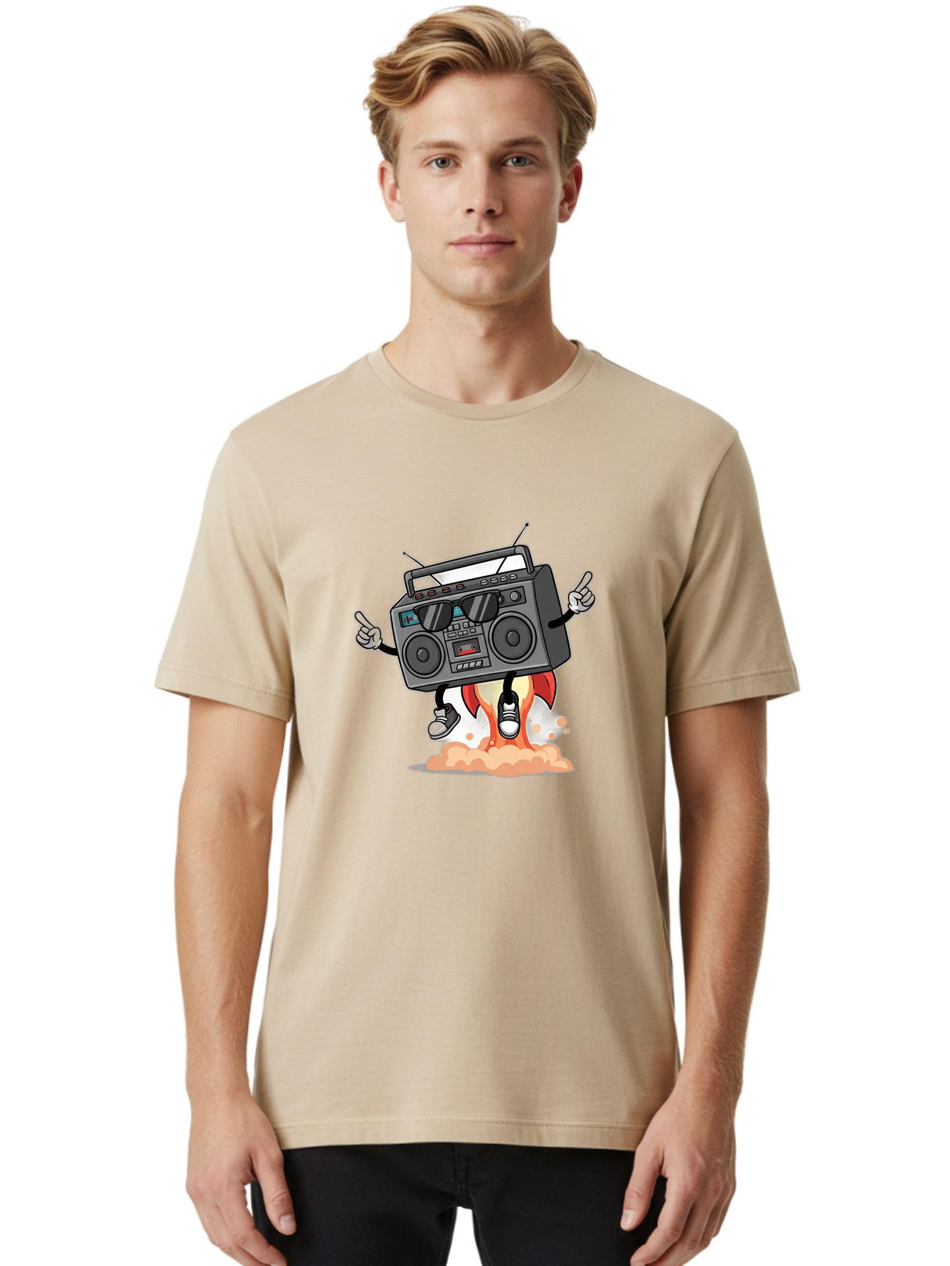 Boombox-4 Men'S Graphic Tee, 100% Cotton, Comfortable Casual Summer Wear, Machine Washable, Retro Boombox, Cartoon Character, Dj Stereo, Funky Music, Dancing Boombox, Rock On Gesture, Retro Technology, Cassette Tape, Loud Music, Fun Graphics, Baa185
