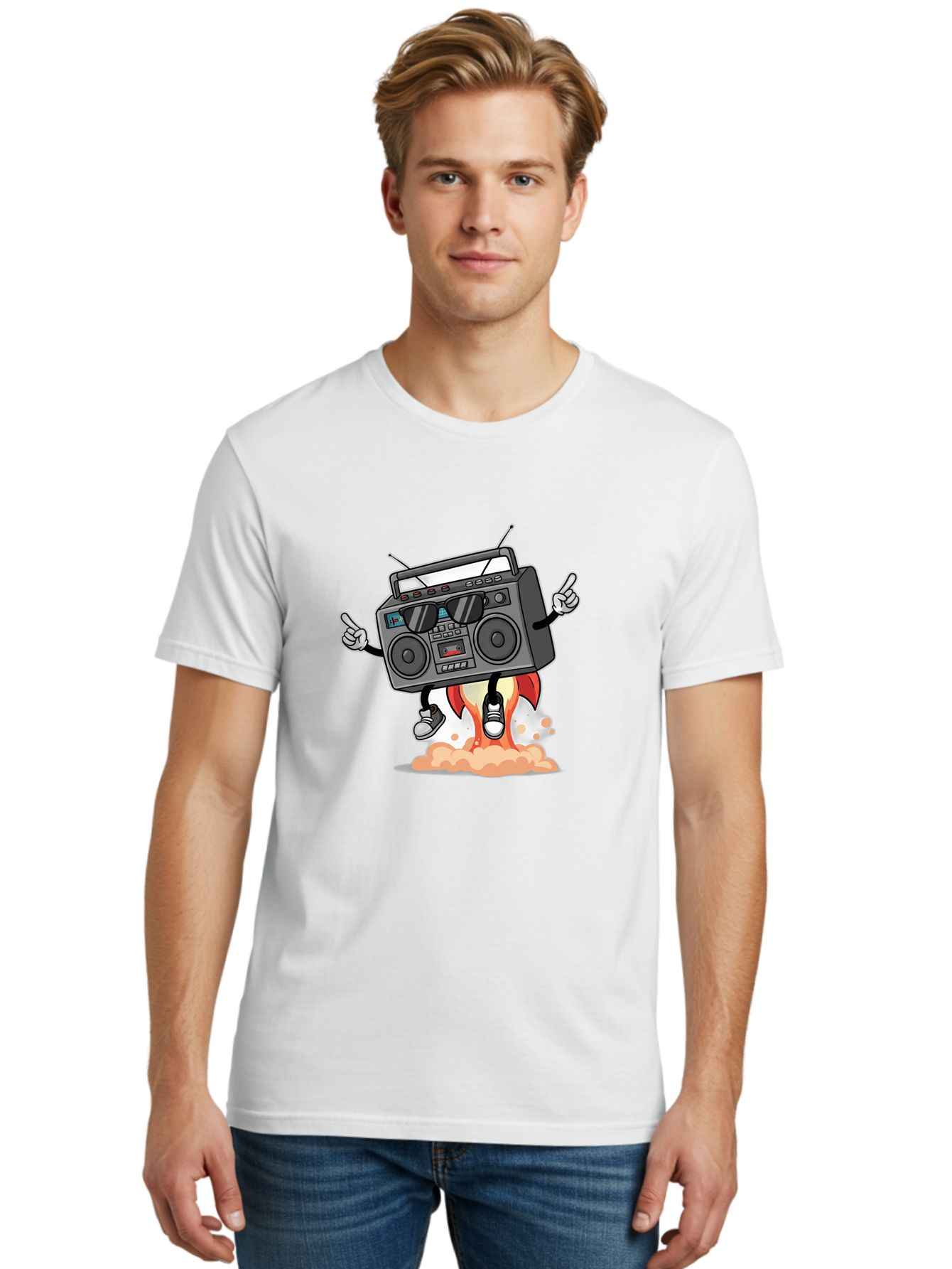 Boombox-4 Men'S Graphic Tee, 100% Cotton, Comfortable Casual Summer Wear, Machine Washable, Retro Boombox, Cartoon Character, Dj Stereo, Funky Music, Dancing Boombox, Rock On Gesture, Retro Technology, Cassette Tape, Loud Music, Fun Graphics, Baa185