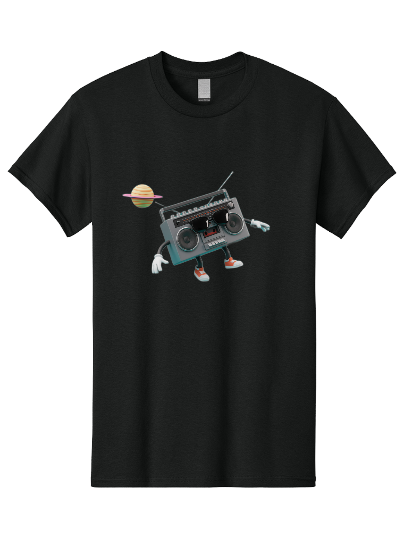 Boombox-5 Men'S Graphic Tee, 100% Cotton, Comfortable Casual Summer Wear, Machine Washable, Retro Boombox, Cartoon Character, Satellite Planet, Orange Sneakers, White Gloves, Gray Device, Cassette Player, Futuristic Accessories, Space Theme, Baa186