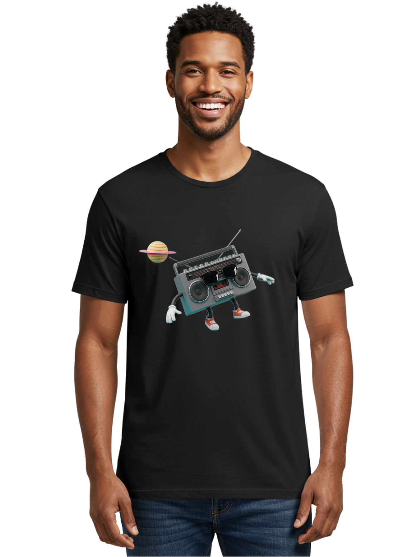 Boombox-5 Men'S Graphic Tee, 100% Cotton, Comfortable Casual Summer Wear, Machine Washable, Retro Boombox, Cartoon Character, Satellite Planet, Orange Sneakers, White Gloves, Gray Device, Cassette Player, Futuristic Accessories, Space Theme, Baa186