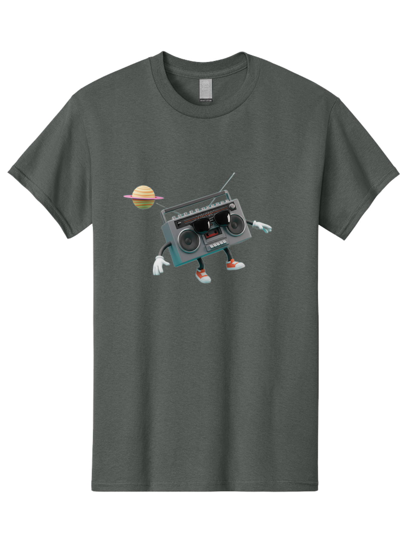 Boombox-5 Men'S Graphic Tee, 100% Cotton, Comfortable Casual Summer Wear, Machine Washable, Retro Boombox, Cartoon Character, Satellite Planet, Orange Sneakers, White Gloves, Gray Device, Cassette Player, Futuristic Accessories, Space Theme, Baa186