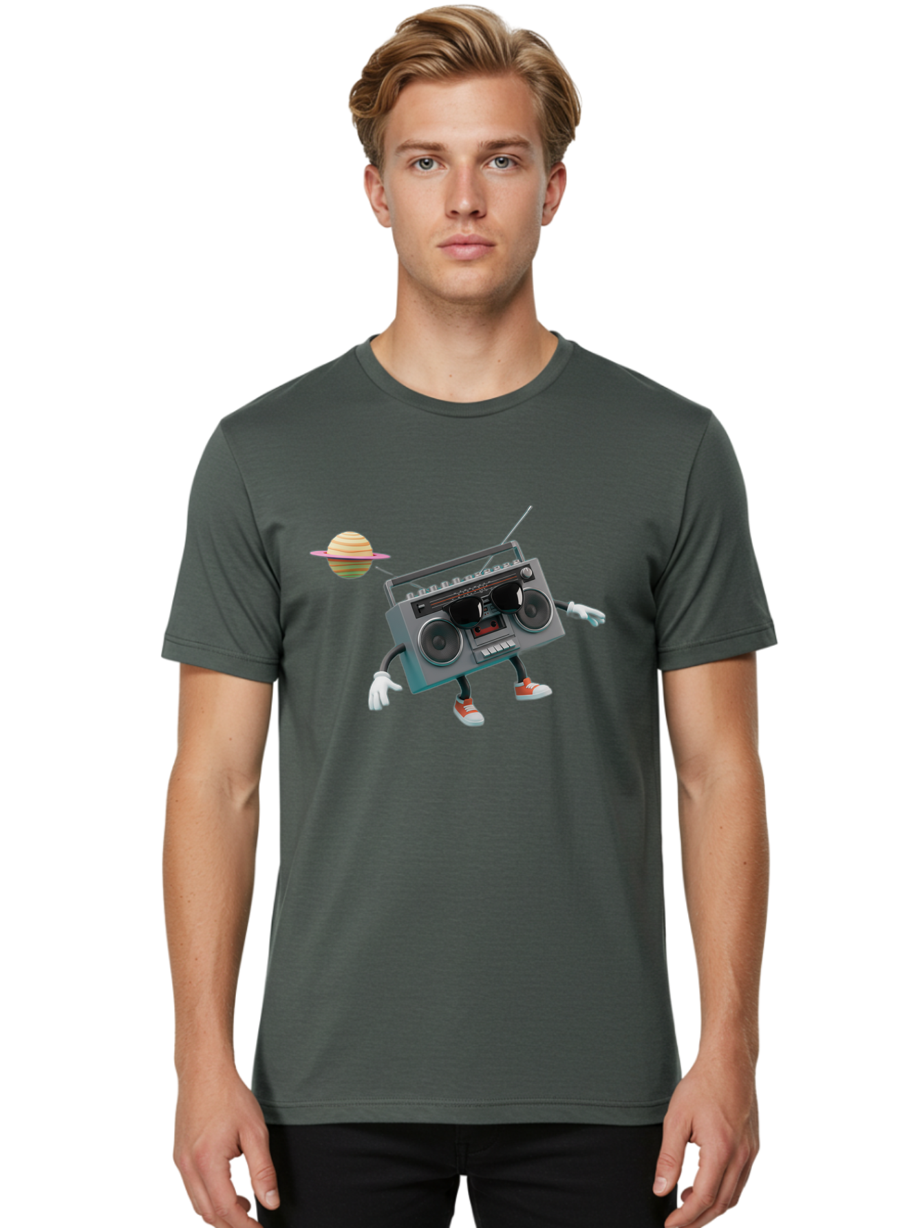 Boombox-5 Men'S Graphic Tee, 100% Cotton, Comfortable Casual Summer Wear, Machine Washable, Retro Boombox, Cartoon Character, Satellite Planet, Orange Sneakers, White Gloves, Gray Device, Cassette Player, Futuristic Accessories, Space Theme, Baa186