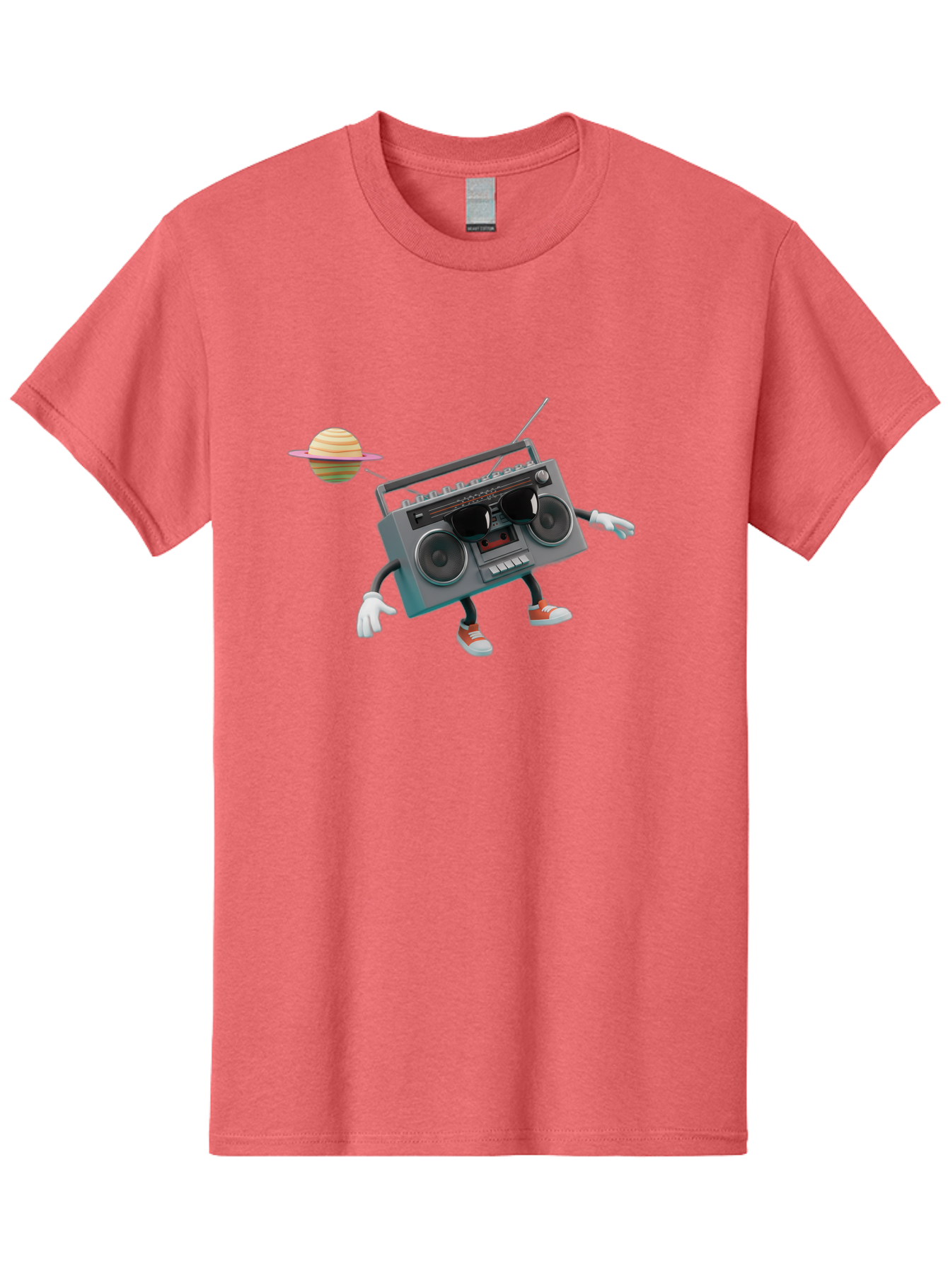 Boombox-5 Men'S Graphic Tee, 100% Cotton, Comfortable Casual Summer Wear, Machine Washable, Retro Boombox, Cartoon Character, Satellite Planet, Orange Sneakers, White Gloves, Gray Device, Cassette Player, Futuristic Accessories, Space Theme, Baa186