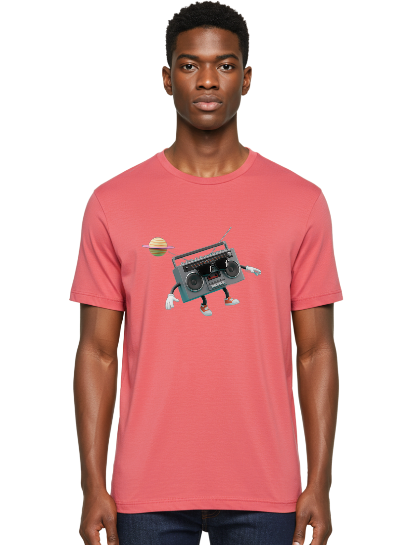 Boombox-5 Men'S Graphic Tee, 100% Cotton, Comfortable Casual Summer Wear, Machine Washable, Retro Boombox, Cartoon Character, Satellite Planet, Orange Sneakers, White Gloves, Gray Device, Cassette Player, Futuristic Accessories, Space Theme, Baa186