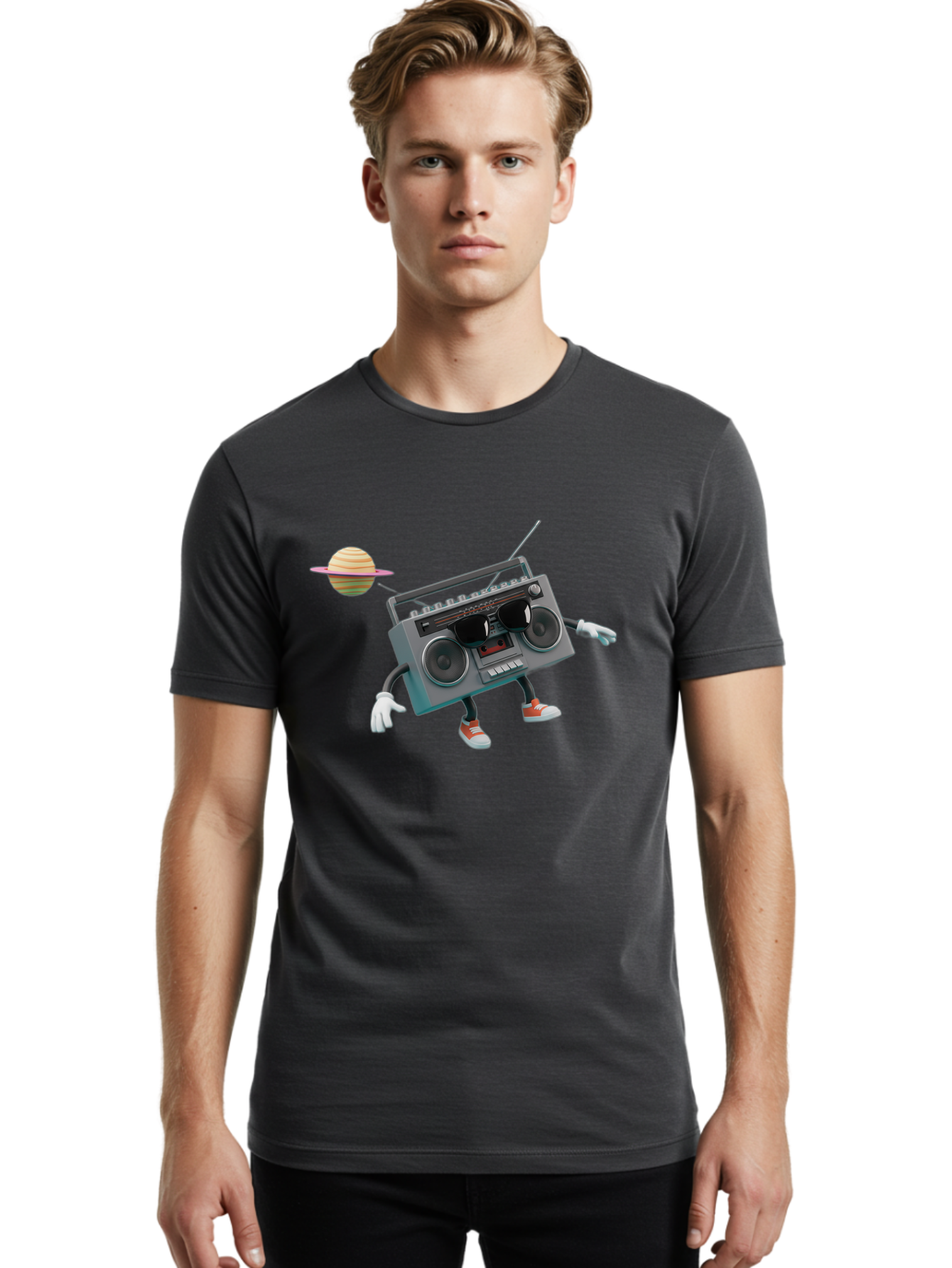 Boombox-5 Men'S Graphic Tee, 100% Cotton, Comfortable Casual Summer Wear, Machine Washable, Retro Boombox, Cartoon Character, Satellite Planet, Orange Sneakers, White Gloves, Gray Device, Cassette Player, Futuristic Accessories, Space Theme, Baa186