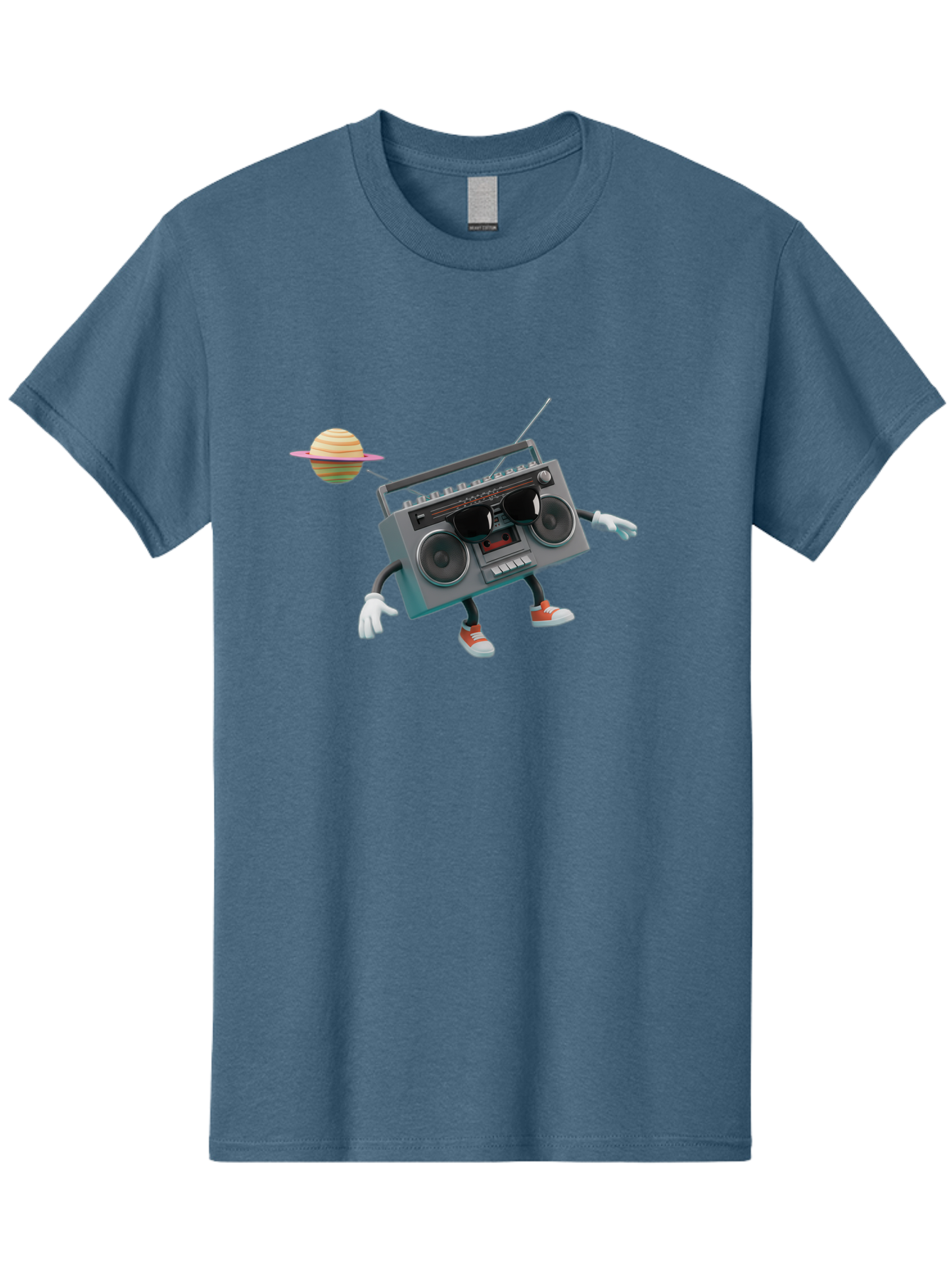 Boombox-5 Men'S Graphic Tee, 100% Cotton, Comfortable Casual Summer Wear, Machine Washable, Retro Boombox, Cartoon Character, Satellite Planet, Orange Sneakers, White Gloves, Gray Device, Cassette Player, Futuristic Accessories, Space Theme, Baa186