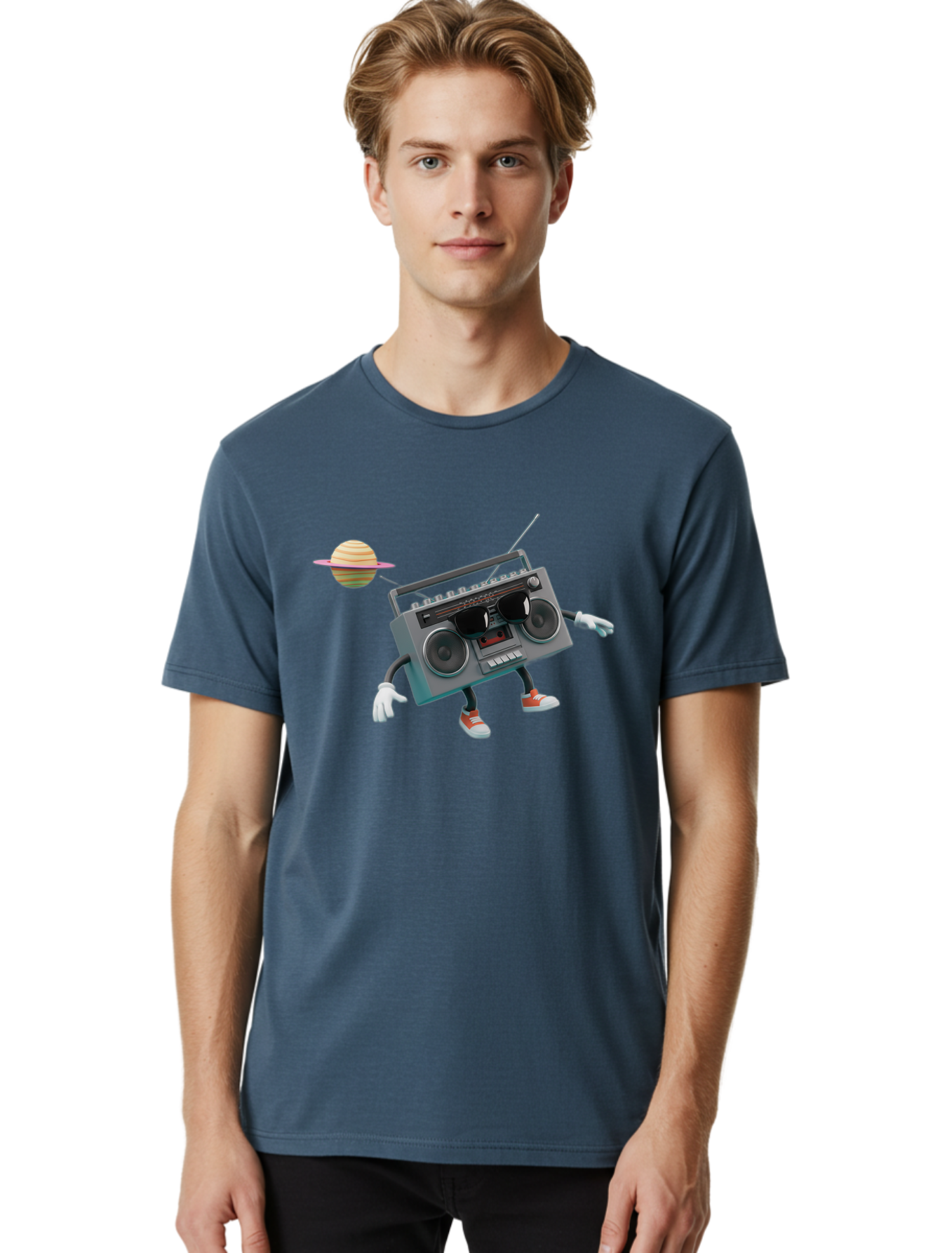 Boombox-5 Men'S Graphic Tee, 100% Cotton, Comfortable Casual Summer Wear, Machine Washable, Retro Boombox, Cartoon Character, Satellite Planet, Orange Sneakers, White Gloves, Gray Device, Cassette Player, Futuristic Accessories, Space Theme, Baa186