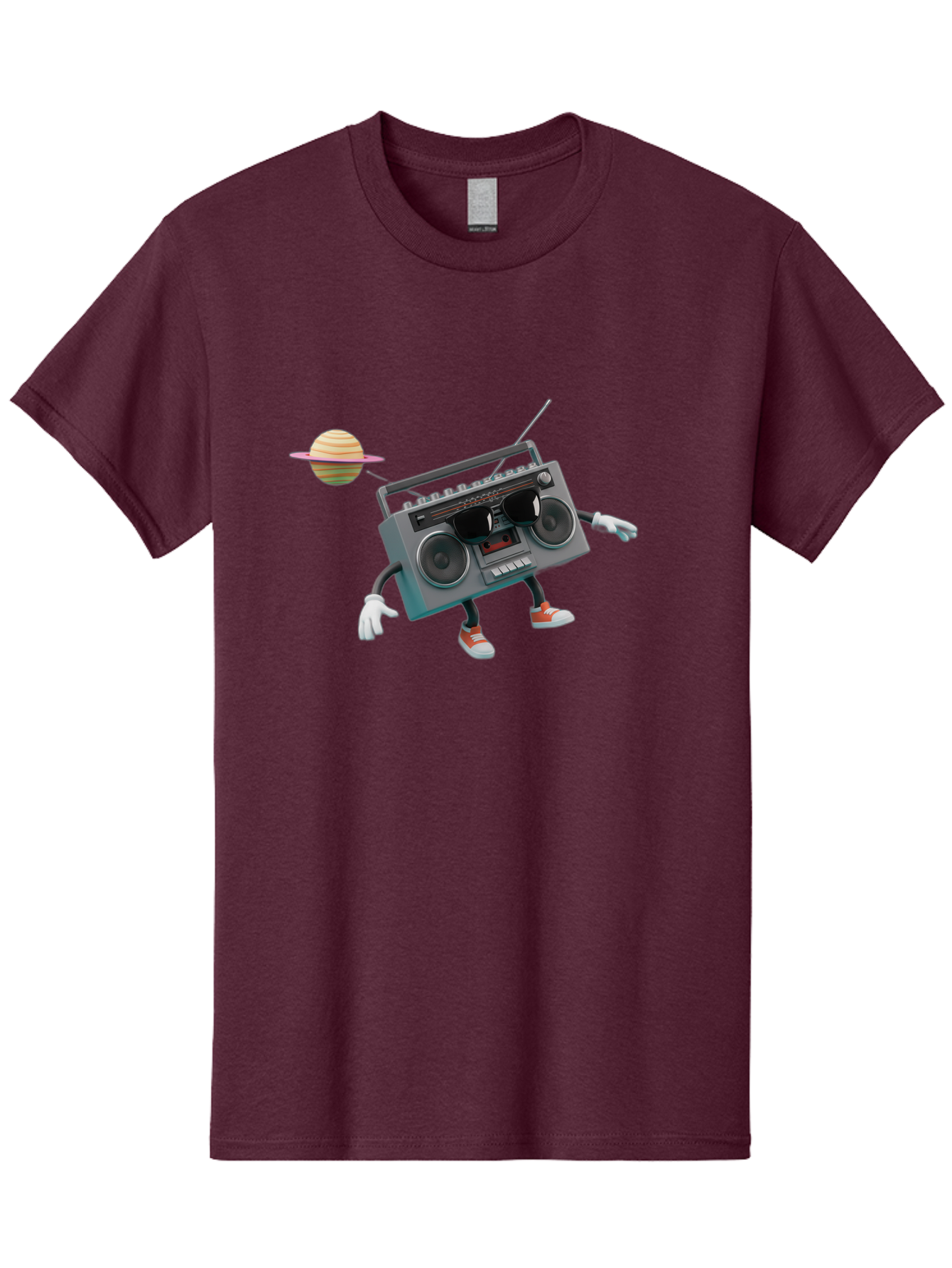 Boombox-5 Men'S Graphic Tee, 100% Cotton, Comfortable Casual Summer Wear, Machine Washable, Retro Boombox, Cartoon Character, Satellite Planet, Orange Sneakers, White Gloves, Gray Device, Cassette Player, Futuristic Accessories, Space Theme, Baa186