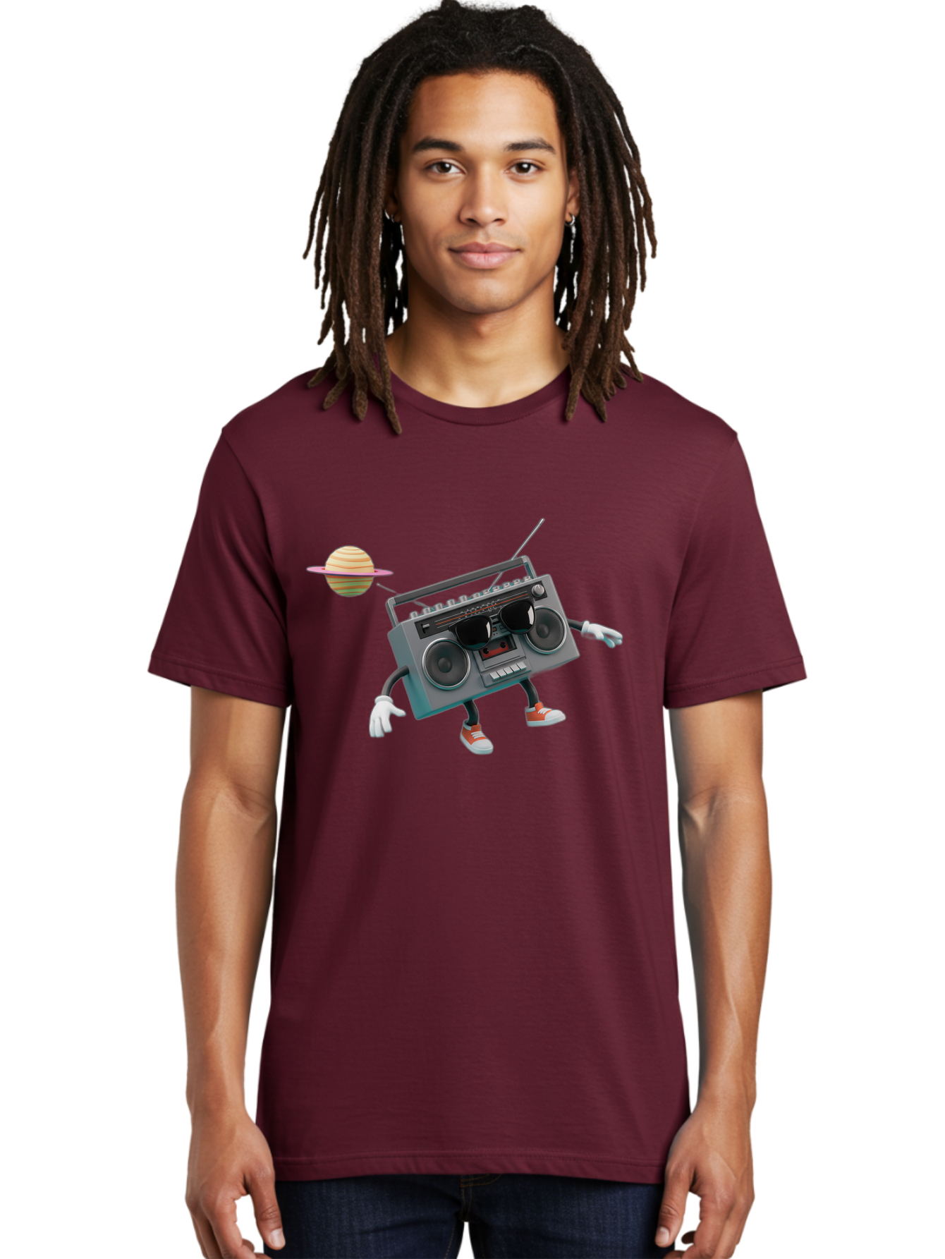 Boombox-5 Men'S Graphic Tee, 100% Cotton, Comfortable Casual Summer Wear, Machine Washable, Retro Boombox, Cartoon Character, Satellite Planet, Orange Sneakers, White Gloves, Gray Device, Cassette Player, Futuristic Accessories, Space Theme, Baa186