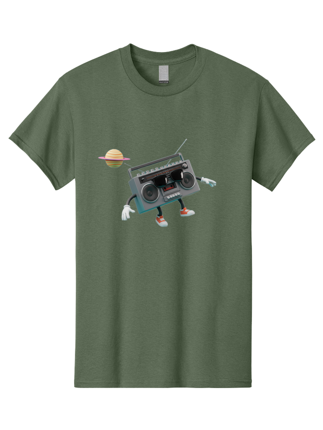 Boombox-5 Men'S Graphic Tee, 100% Cotton, Comfortable Casual Summer Wear, Machine Washable, Retro Boombox, Cartoon Character, Satellite Planet, Orange Sneakers, White Gloves, Gray Device, Cassette Player, Futuristic Accessories, Space Theme, Baa186