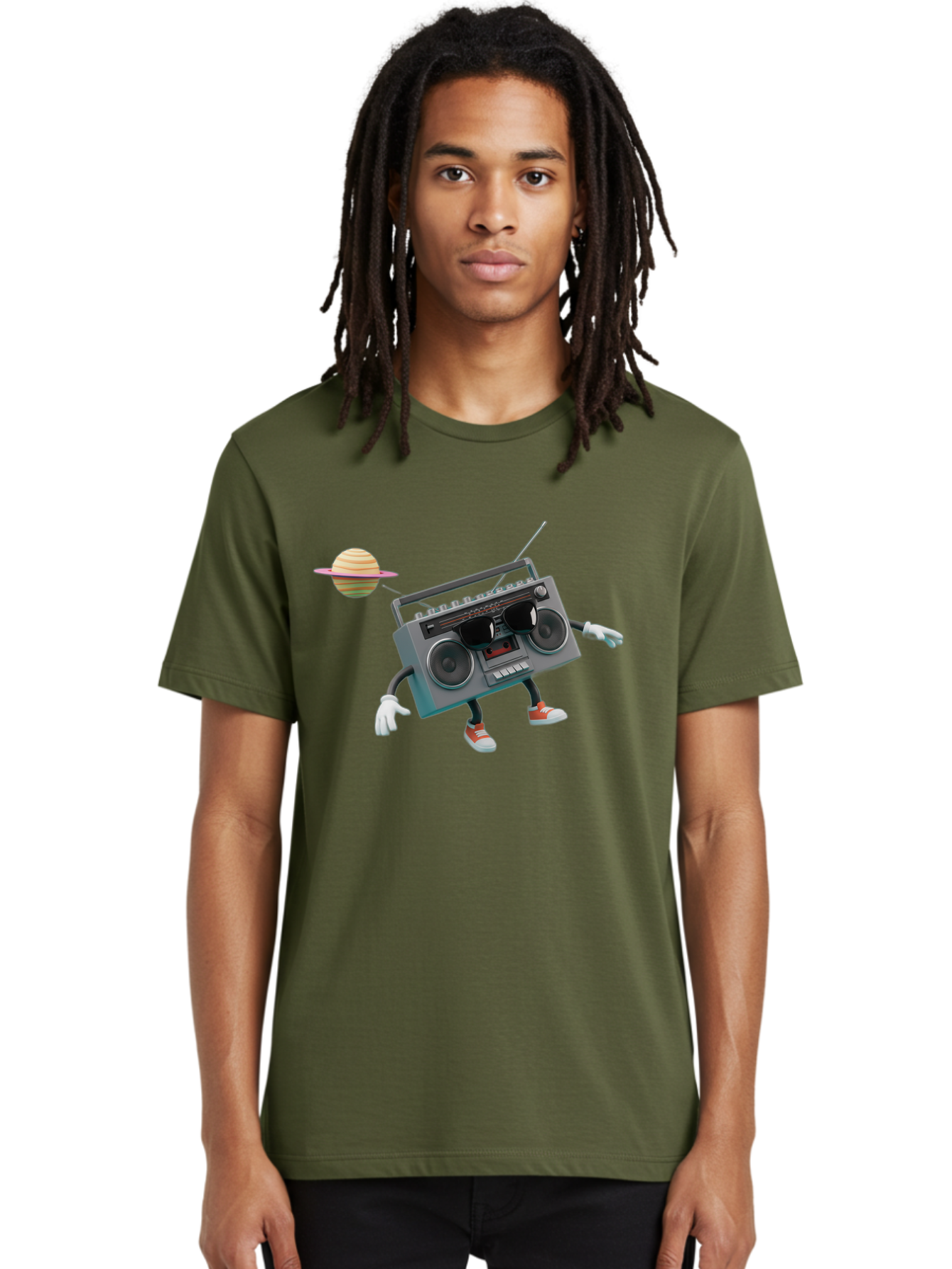 Boombox-5 Men'S Graphic Tee, 100% Cotton, Comfortable Casual Summer Wear, Machine Washable, Retro Boombox, Cartoon Character, Satellite Planet, Orange Sneakers, White Gloves, Gray Device, Cassette Player, Futuristic Accessories, Space Theme, Baa186