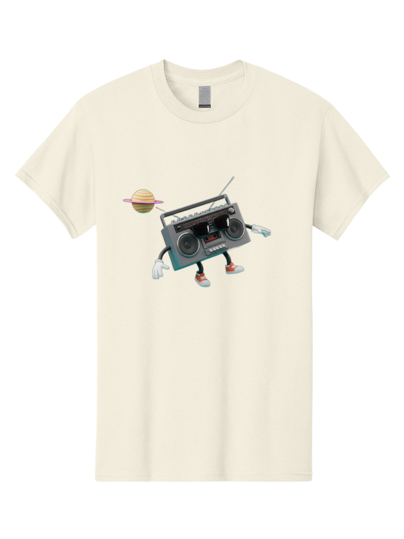 Boombox-5 Men'S Graphic Tee, 100% Cotton, Comfortable Casual Summer Wear, Machine Washable, Retro Boombox, Cartoon Character, Satellite Planet, Orange Sneakers, White Gloves, Gray Device, Cassette Player, Futuristic Accessories, Space Theme, Baa186