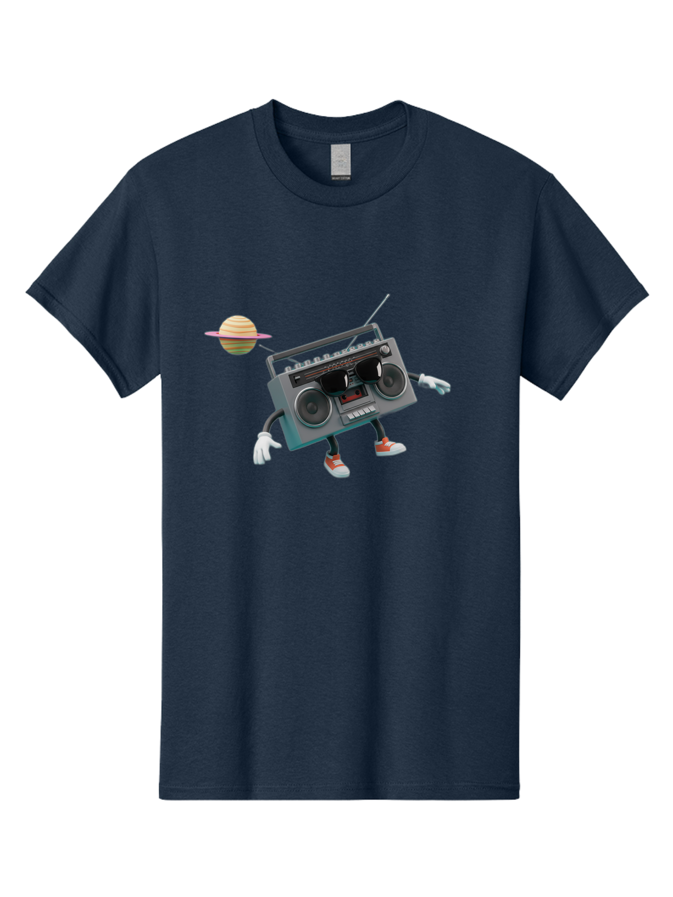 Boombox-5 Men'S Graphic Tee, 100% Cotton, Comfortable Casual Summer Wear, Machine Washable, Retro Boombox, Cartoon Character, Satellite Planet, Orange Sneakers, White Gloves, Gray Device, Cassette Player, Futuristic Accessories, Space Theme, Baa186