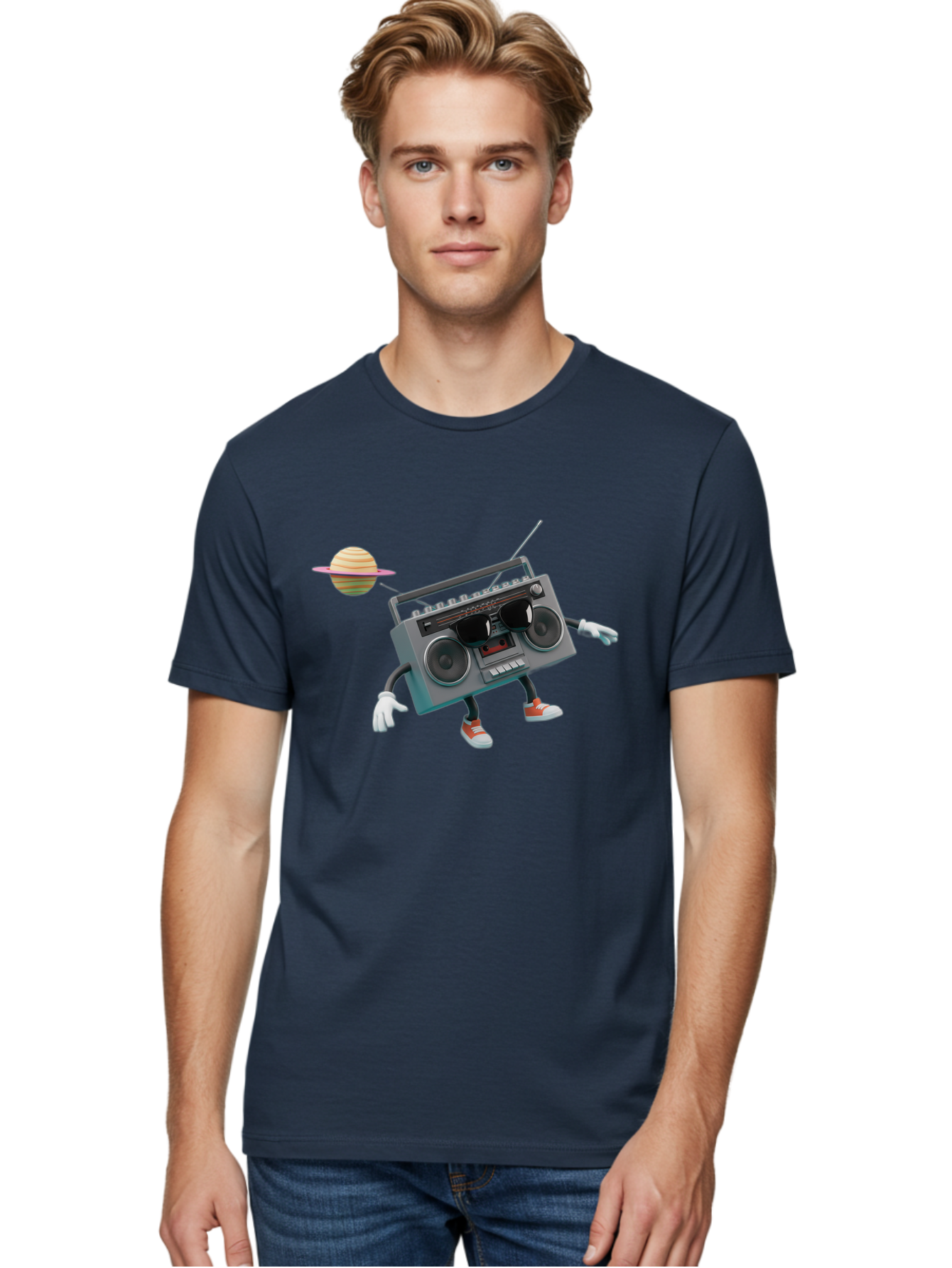 Boombox-5 Men'S Graphic Tee, 100% Cotton, Comfortable Casual Summer Wear, Machine Washable, Retro Boombox, Cartoon Character, Satellite Planet, Orange Sneakers, White Gloves, Gray Device, Cassette Player, Futuristic Accessories, Space Theme, Baa186