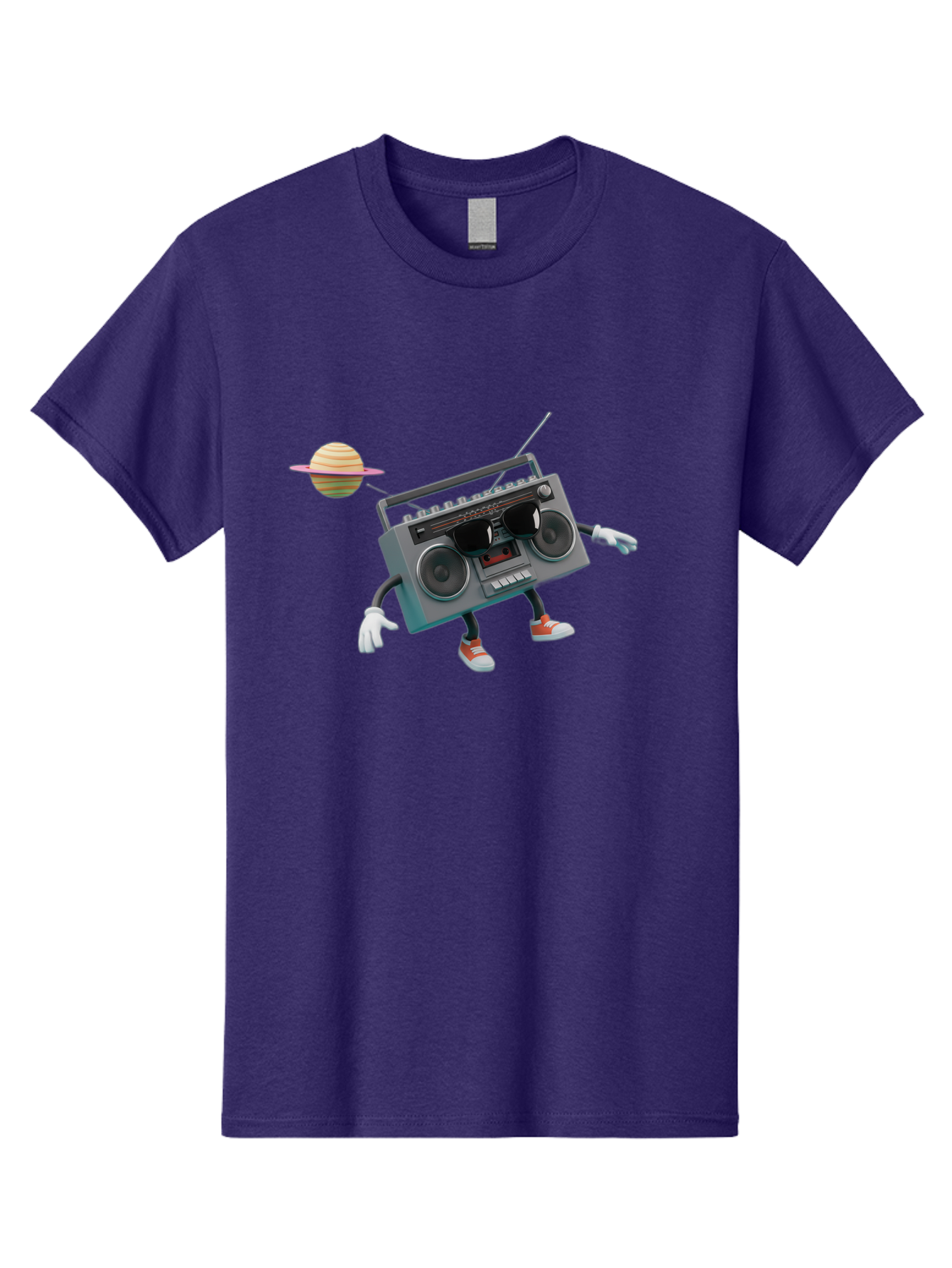 Boombox-5 Men'S Graphic Tee, 100% Cotton, Comfortable Casual Summer Wear, Machine Washable, Retro Boombox, Cartoon Character, Satellite Planet, Orange Sneakers, White Gloves, Gray Device, Cassette Player, Futuristic Accessories, Space Theme, Baa186