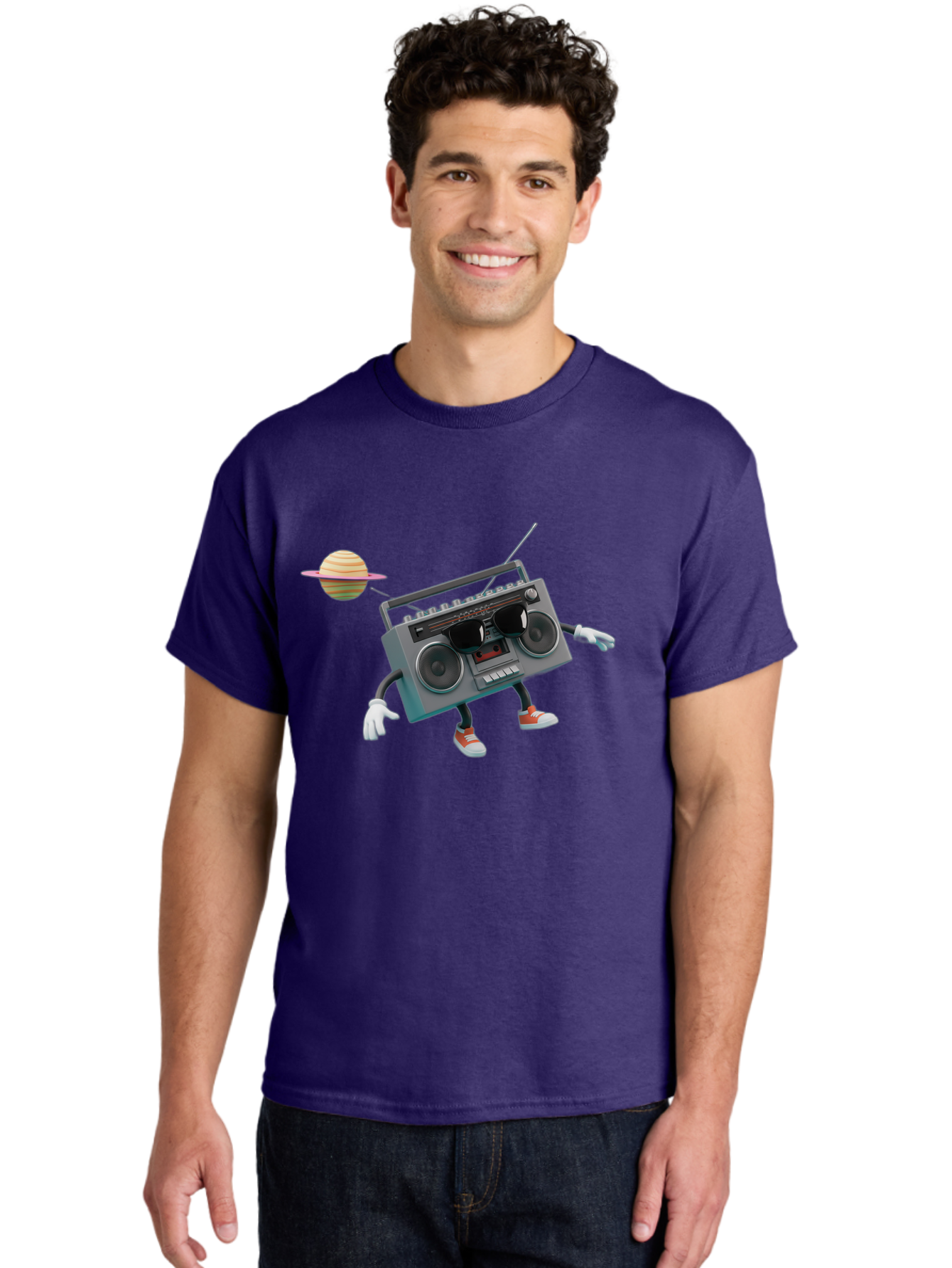 Boombox-5 Men'S Graphic Tee, 100% Cotton, Comfortable Casual Summer Wear, Machine Washable, Retro Boombox, Cartoon Character, Satellite Planet, Orange Sneakers, White Gloves, Gray Device, Cassette Player, Futuristic Accessories, Space Theme, Baa186