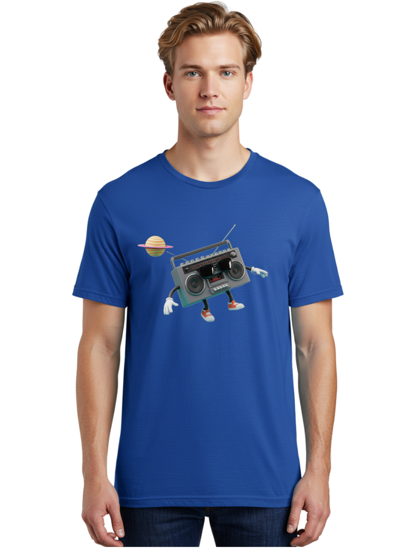 Boombox-5 Men'S Graphic Tee, 100% Cotton, Comfortable Casual Summer Wear, Machine Washable, Retro Boombox, Cartoon Character, Satellite Planet, Orange Sneakers, White Gloves, Gray Device, Cassette Player, Futuristic Accessories, Space Theme, Baa186