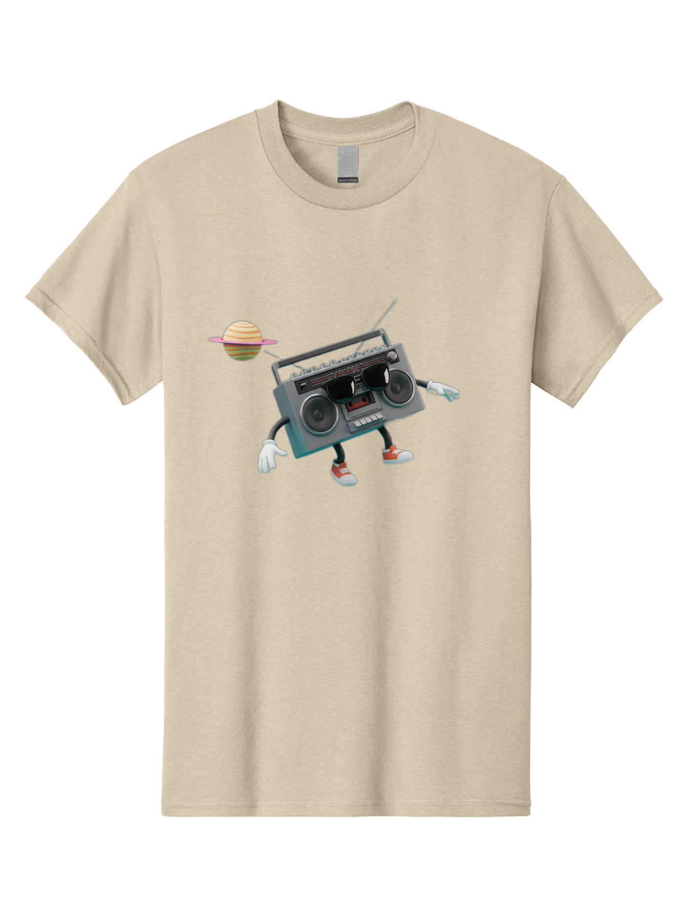 Boombox-5 Men'S Graphic Tee, 100% Cotton, Comfortable Casual Summer Wear, Machine Washable, Retro Boombox, Cartoon Character, Satellite Planet, Orange Sneakers, White Gloves, Gray Device, Cassette Player, Futuristic Accessories, Space Theme, Baa186