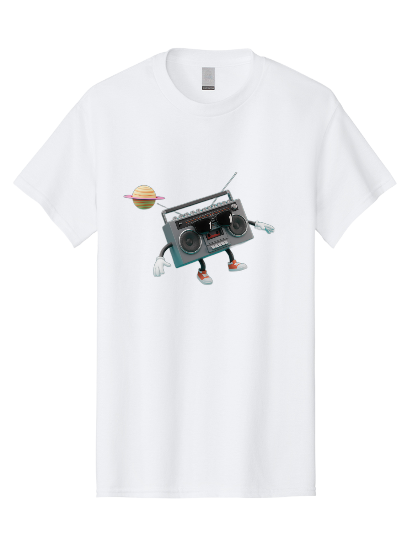 Boombox-5 Men'S Graphic Tee, 100% Cotton, Comfortable Casual Summer Wear, Machine Washable, Retro Boombox, Cartoon Character, Satellite Planet, Orange Sneakers, White Gloves, Gray Device, Cassette Player, Futuristic Accessories, Space Theme, Baa186