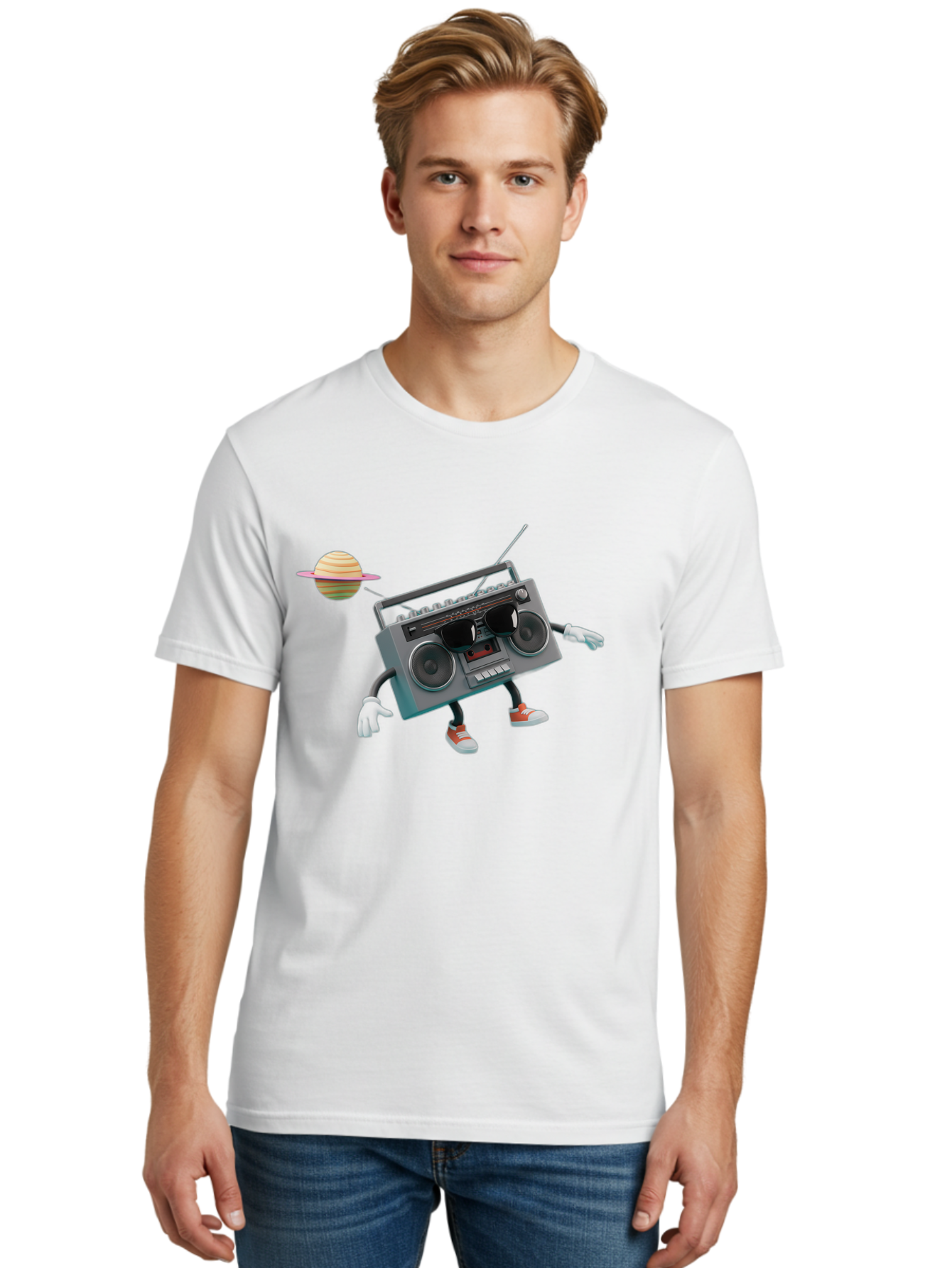 Boombox-5 Men'S Graphic Tee, 100% Cotton, Comfortable Casual Summer Wear, Machine Washable, Retro Boombox, Cartoon Character, Satellite Planet, Orange Sneakers, White Gloves, Gray Device, Cassette Player, Futuristic Accessories, Space Theme, Baa186