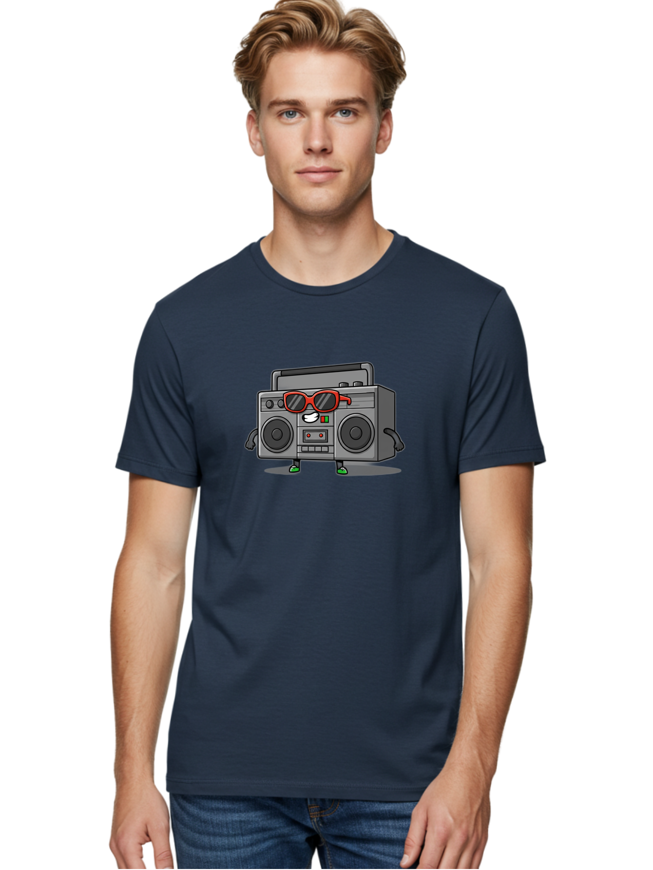 Boombox-6 Men'S Graphic Tee, 100% Cotton, Comfortable Casual Summer Wear, Machine Washable, Cartoon Boombox, Sunglasses, Retro Style, Music Lover, Fun Character, Cassette Player, Animated Electronics, Nostalgic Vibe, Playful Design, Baa187