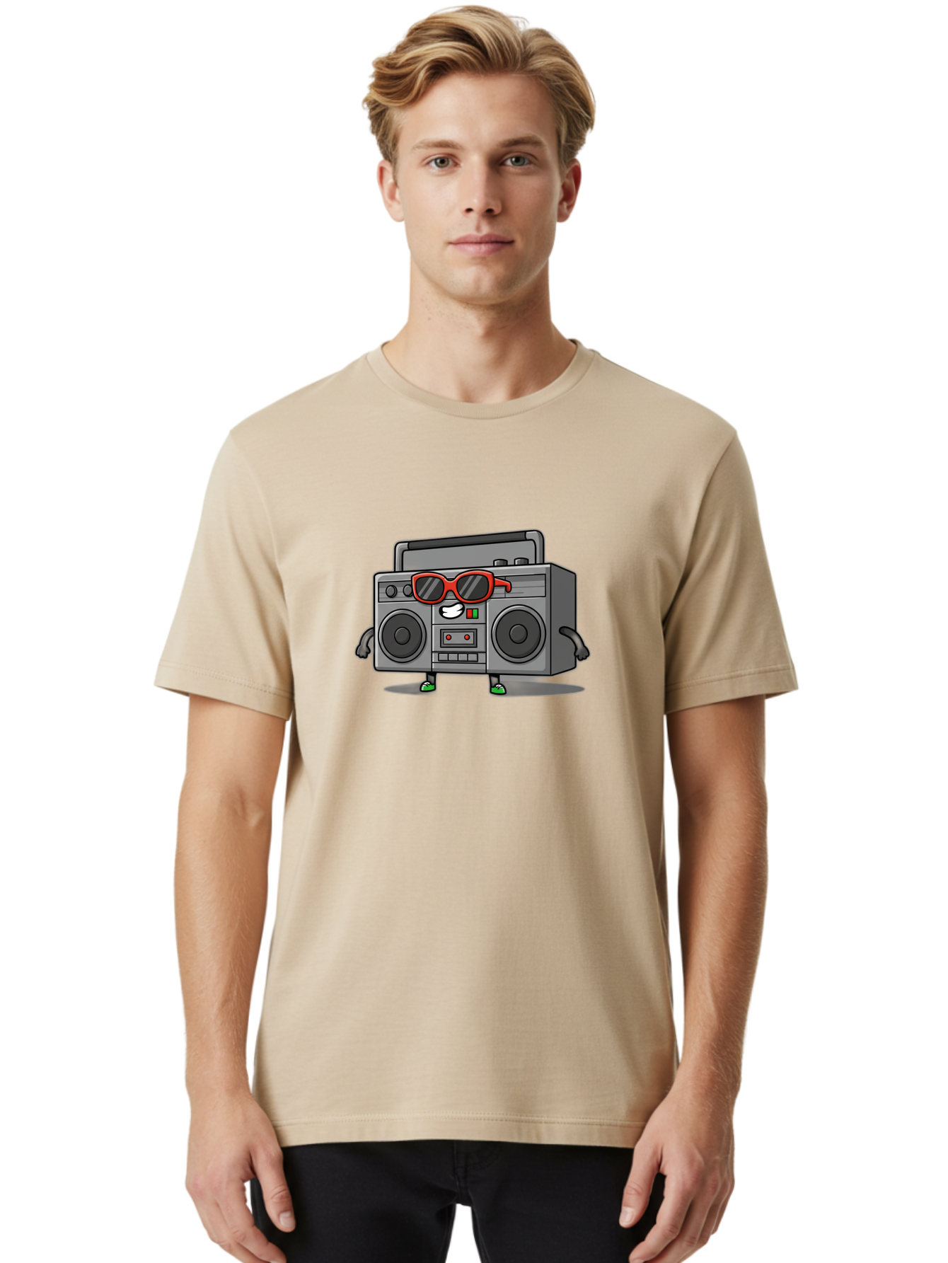 Boombox-6 Men'S Graphic Tee, 100% Cotton, Comfortable Casual Summer Wear, Machine Washable, Cartoon Boombox, Sunglasses, Retro Style, Music Lover, Fun Character, Cassette Player, Animated Electronics, Nostalgic Vibe, Playful Design, Baa187